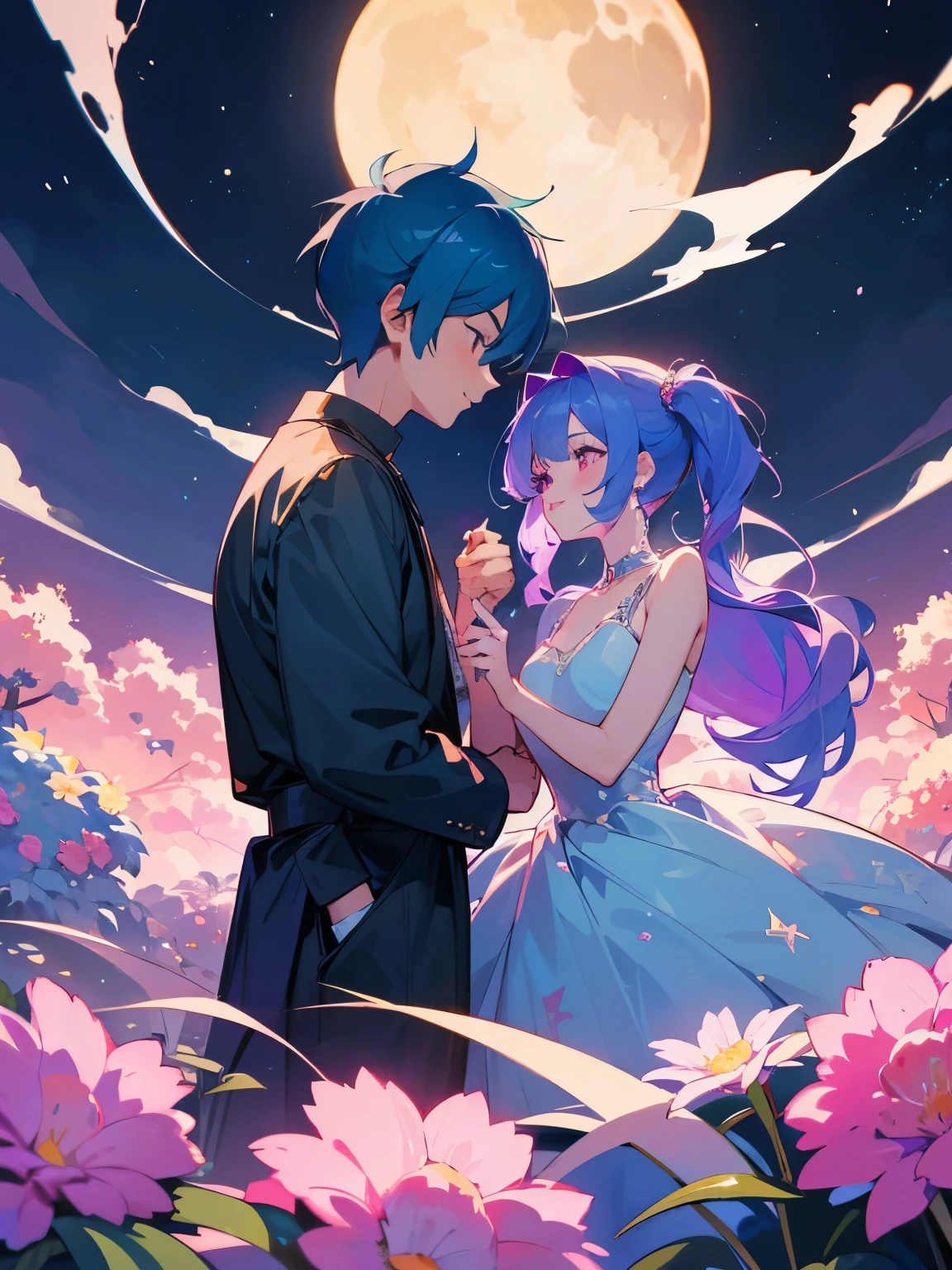 cartoon of a boy and a girl standing close together, ddlc, in the art style of 8 0 s anime, 9 0 s anime style, 90s anime style, in anime style, in an anime style, anime aesthetic, anime vibes, 9 0 s anime aesthetic, 9 0 s anime art style, lofi boy and girl, beautiful background outside, background at night with stars and a moon, fairy lights, beautiful background in a floral garden with fairy lights at night, a cute boy and a cute girl, beautiful faces, a boy and a girl, don't extra hands, NO extra hands, generate a boy and a girl with NO extra hands, NO extra arm, the boy has a short hairstyle and the girl has a long hairstyle, the boy has blue hair, the girl has pink hair, pretty faces, cute pretty boy in a smoking dress, cute pretty girl in a beautiful dress, with amazing smile, boy has a pretty smile, girl has a cute smile