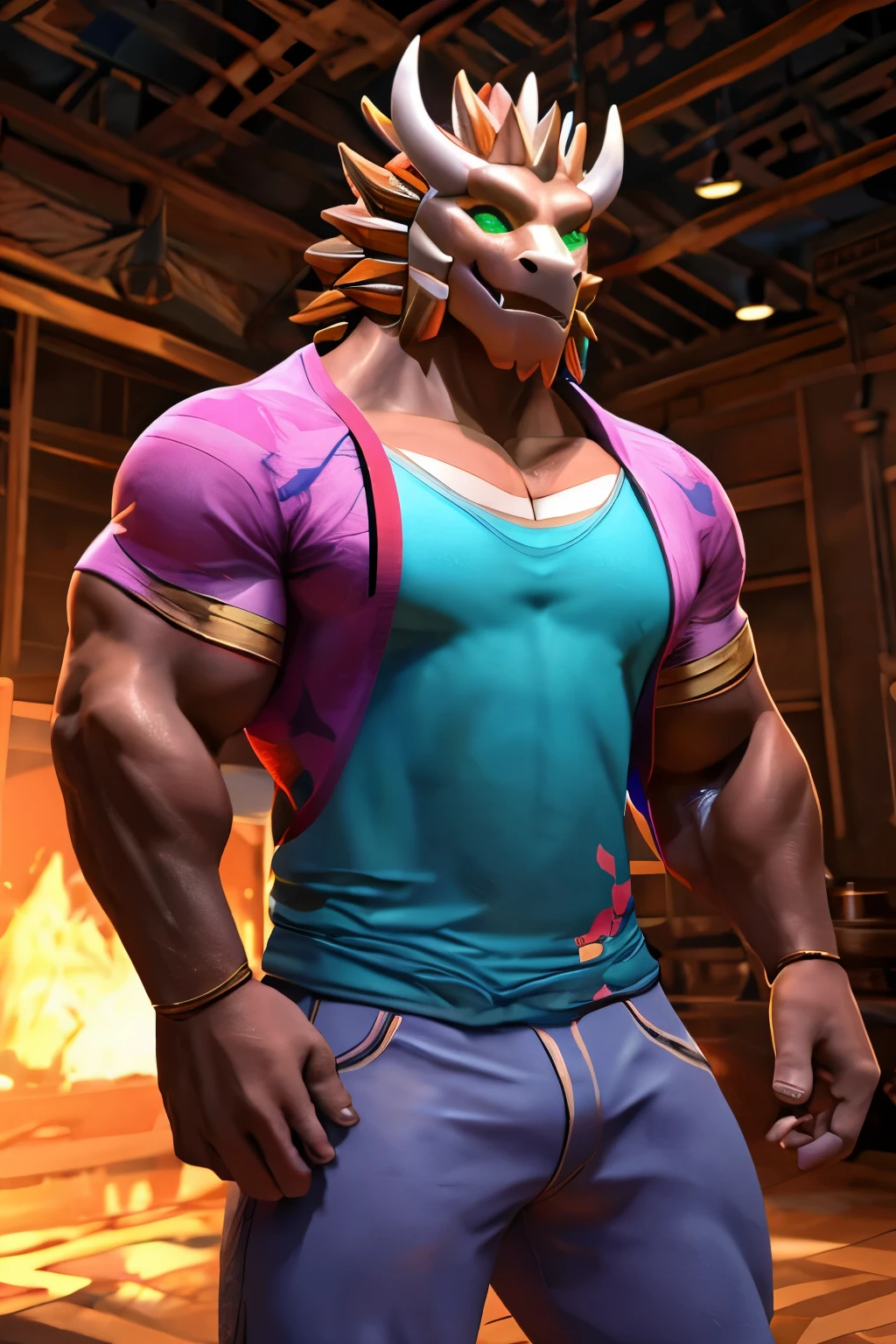 A monster, clad in a vibrant Hawaiian shirt, stands before you with a contented expression on his face. His bulging muscles, glistening with sweat, are on full display as he idles in the bright room. The shirt's colors are intricately detailed, each pattern standing out in high definition, making this 3D render a true masterpiece. The monster's eyes, large and expressive, are a striking contrast to the soft, detailed body and face. The room around him is filled with a cheerful, warm atmosphere, making this image an instant trendsetter on ArtStation. (For best results, view in highest quality.)