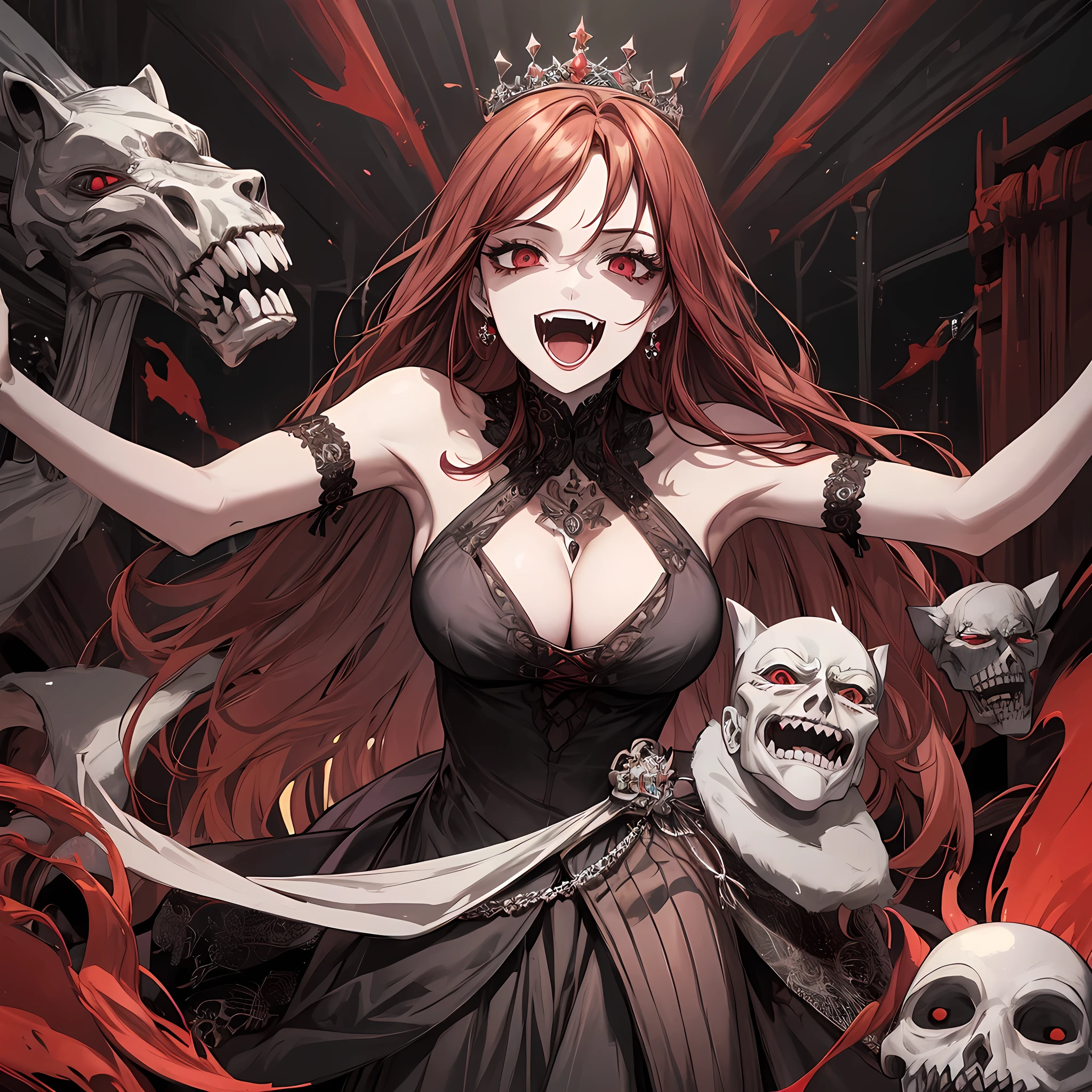 Woman, long dark red hair, black long open dress, witch, silver jewelry in the shape of ribs, metal mask on half of the face, black lipstick, laugh, open mouth red eyes, big laugh, scary laugh, cleavage, face to detail, wearing crown,