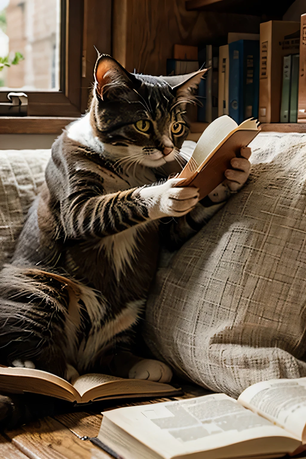cat reading a book