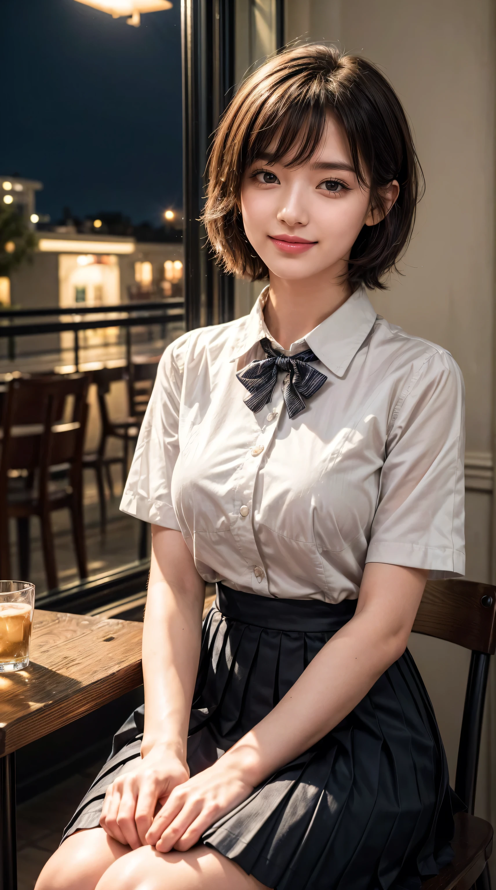 (8k, best quality, masterpiece:1.2), (SFW:1.3), (Practical, photo-Practical:1.37), Super detailed, 1 girl,Lovely, Solitary,Beautiful and detailed sky,Detail of cafe,night,sitting,Dating,(nose blushing),(Smile:1.1),(Shut up) Medium breasts,Beautiful and delicate eyes,(Collared shirt:1.1), bow tie,Pleated Skirt,(short hair:1.2),Flowing hair
