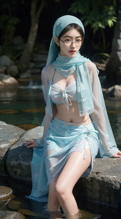 top Quority,Ultra-clear resolution, Korean 18 years old. seductive, Charming, voluptuous figure, Thin, slender. skinny, Chest reduction, Clear eyes, innocent face, is a perfect face, White skin, Perfect chest, Hair in pigtails. The ends of the hijab tail are in front of the chest((Wearing long pashmina hijab, wearing a glasses. super transparent Traditional batik kebaya. unbuttoned loose openend clothes, showing breasts and nipples. short transparent sarong skirt)) sit down. On the rocks. Riverside. While washing clothes