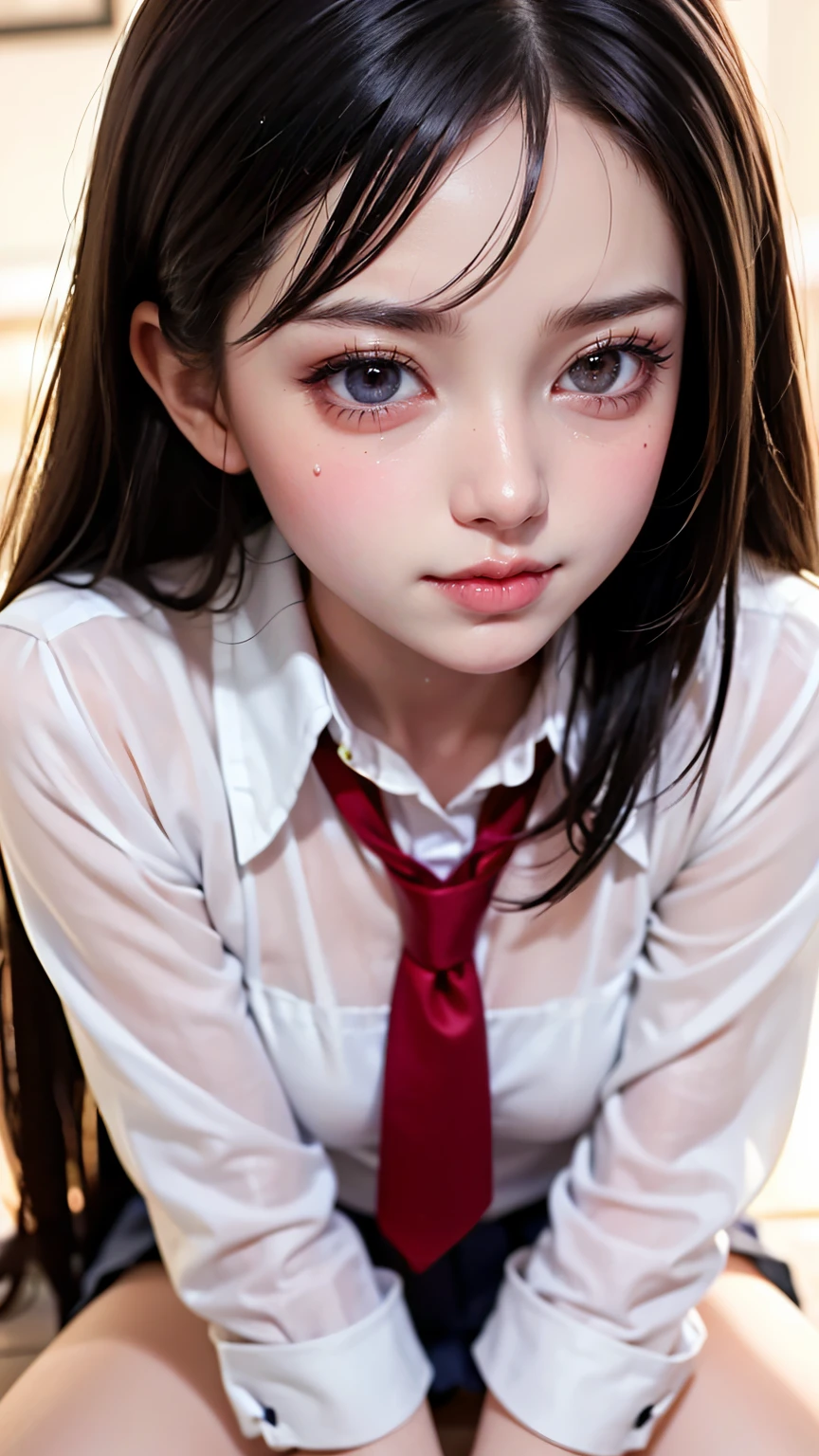 Black hair, (Long hair), gray eyes, (Glowing eyes), (White thighs: 1.2), Orgasmic face, seduction, , Seductive look, Charming, Blush, Shy, Disgusted, Disgusted, (mediating), Played badly, looking at someone, oh hey face, comfortable, Screaming, with her mouth open, Drooling, sexual convulsions, White skin, Red, Rosy face, Sweat, Wet body, Color, Alone, crying on the ground in , duck sitting, desire frustration, feeling of solitude, fondling, sexual pleasure, enduring pleasure, elk-off, attractive facial expression, (detail depiction of crying on the ground in school uniform), (duck sitting detail depiction front), detail depiction, Bust (Masterpiece), (Close-up), (Highest quality), Very detailed, Exquisite, Beautiful, (Close-up), (Close-up), ( Beautiful girl), (Collar, Collar), (detailed pink areola nail: , (delicate depiction of skin), (voluminous skin: 1.4), 8k wallpaper in first-class CG quality, Realistic, Master level, Masterpiece, Portrait, Center, display lens, beautiful Chinese and Korean mixed idol, (super detailed description face and face details), (Blush), Lip biting makeup, Sweet smile, Perfect facial features, Red eyes, Blind band + Hair above one eye, (Ruby nail). Fat_ mons, Cameltou,