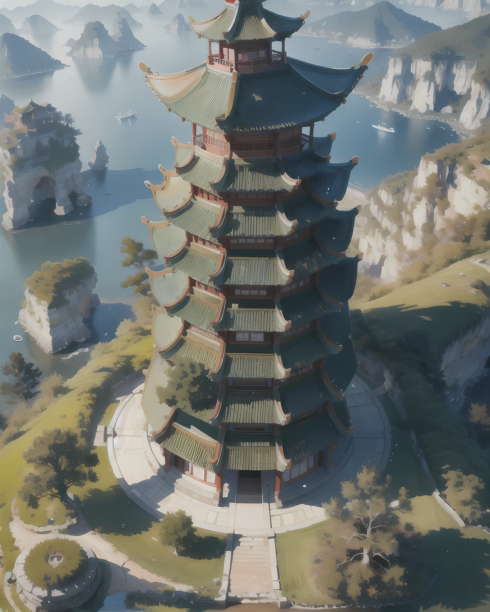 ridiculous resolution, high resolution, (masterpiece:1.4), super detailed, (1boy), ancient chinese pagoda, high hills, seen from above, space, floating, --v 6