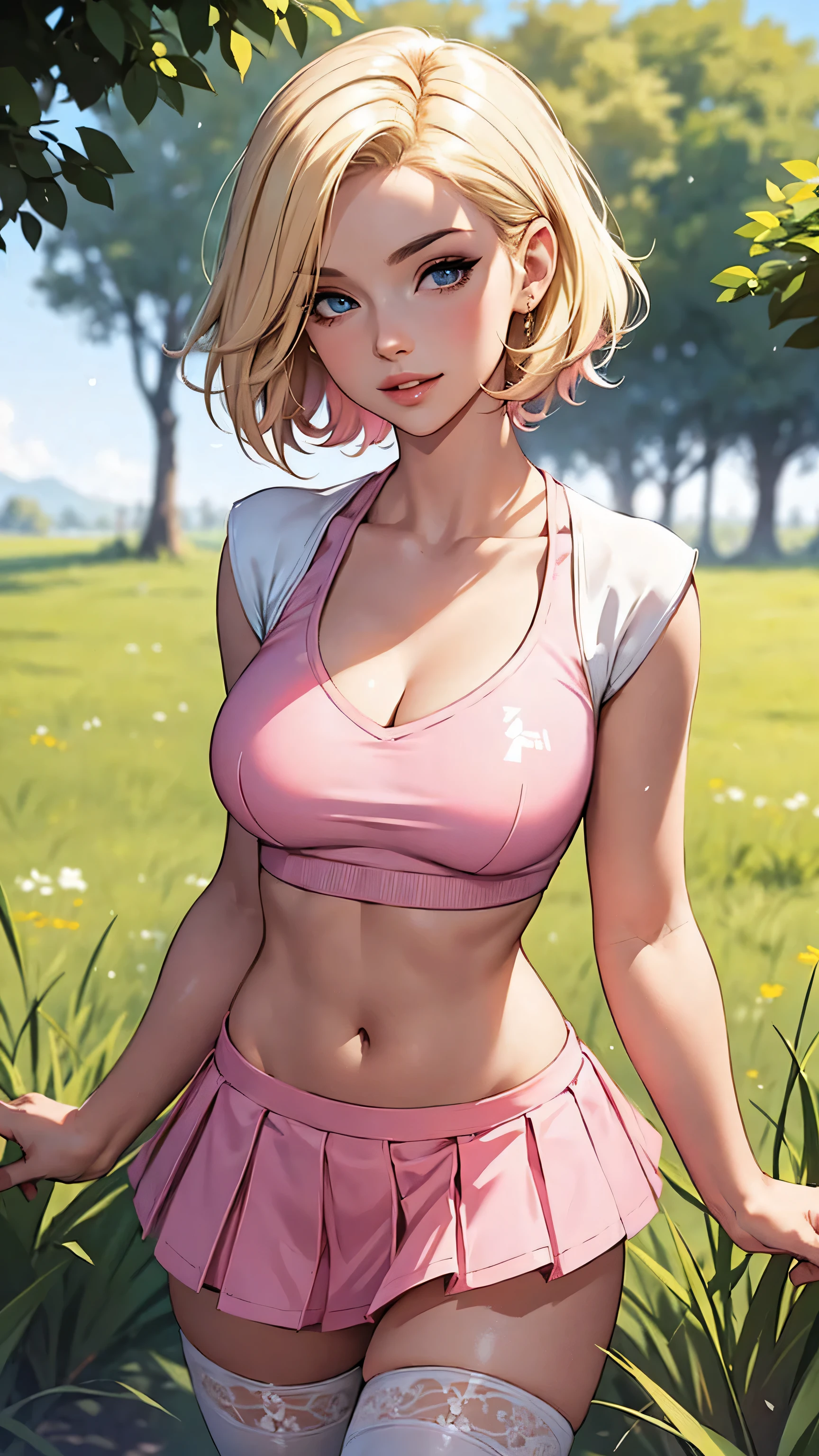 Highest Quality, ​masterpiece, beautifully detailed eyes,, short Blonde Hair, Gradient Hair, pink highlights in hair, large breasts, standing, makeup, glossy lips, full lips, (natural lighting), grass, cheerleader, light smile, midriff, collarbone, thigh highs, miniskirt