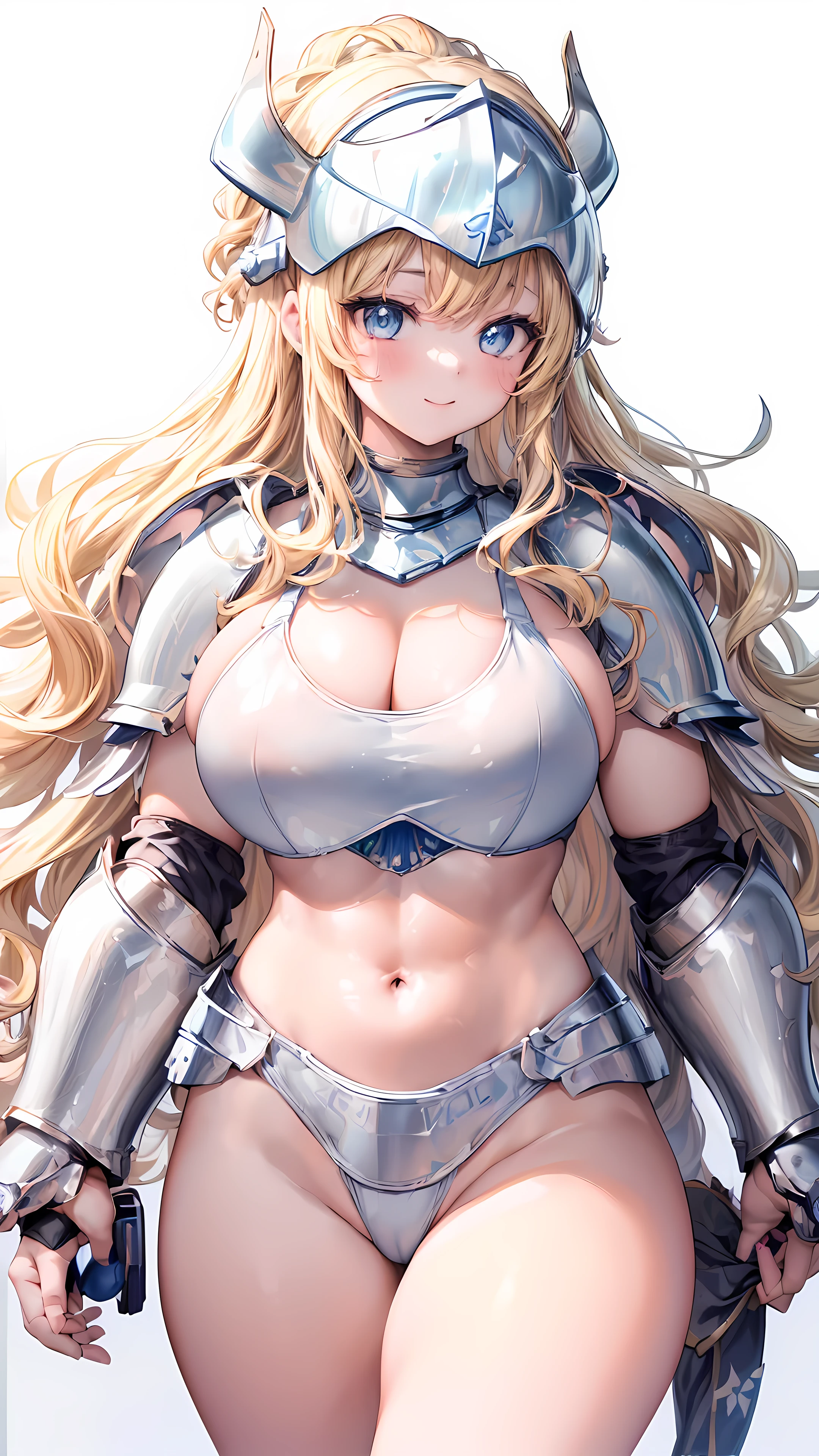 Very detailed、highest quality、Best image quality、masterpiece、8k、Anime Face、A kind smile、Open your mouth、Sparkling blue eyes、(Blonde wavy hair:1.5)、、Muscles of the whole body、camisole、Thick thighs、(Wearing white bikini armor:1.5)、(Cowboy Shot:1.5)、(Leg armor:1.5)、(Wearing a helmet:1.5)