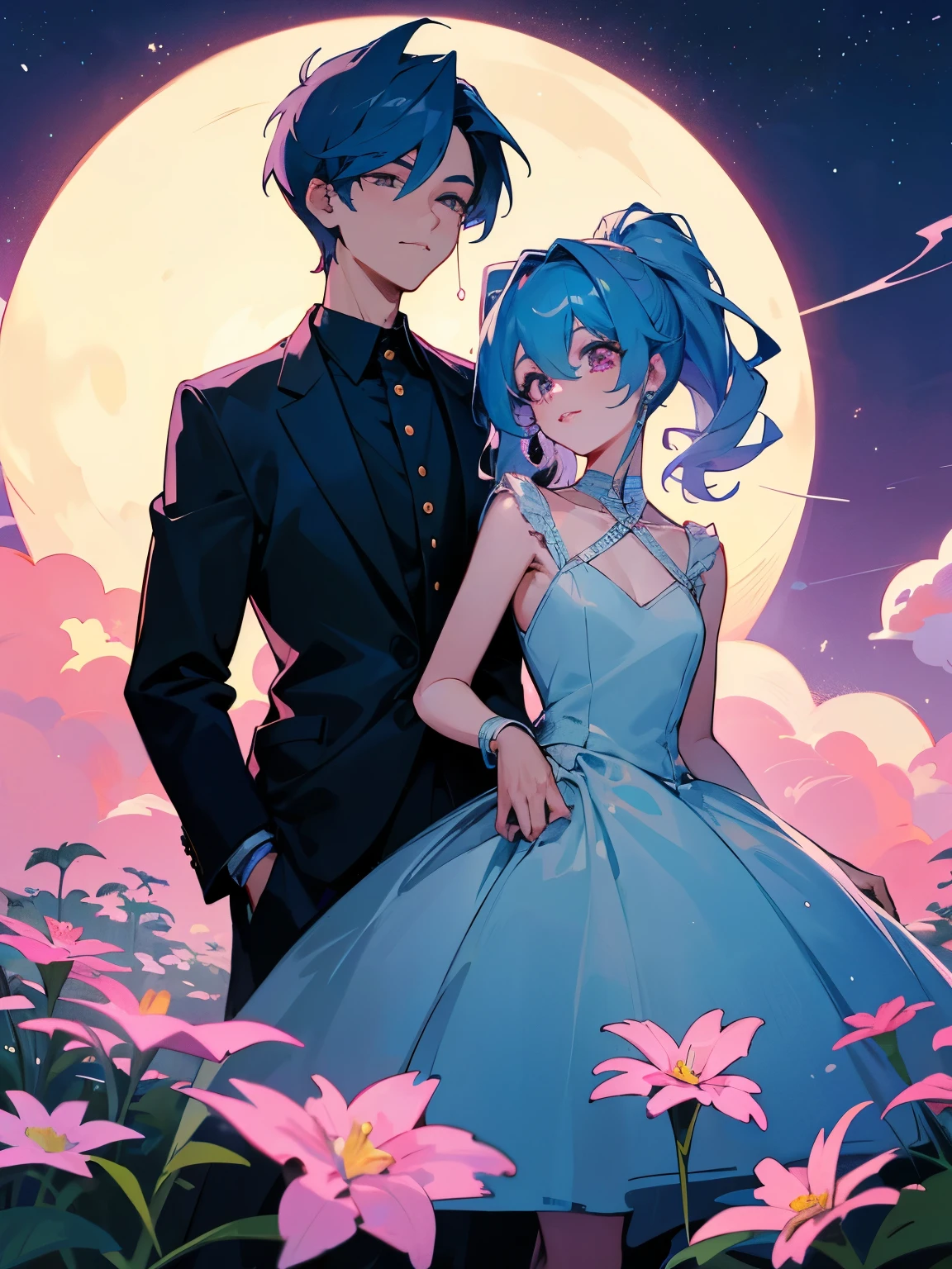 cartoon of a boy and a girl standing close together, ddlc, in the art style of 8 0 s anime, 9 0 s anime style, 90s anime style, in anime style, in an anime style, anime aesthetic, anime vibes, 9 0 s anime aesthetic, 9 0 s anime art style, lofi boy and girl, beautiful background outside, background at night with stars and a moon, fairy lights, beautiful background in a floral garden with fairy lights at night, a cute boy and a cute girl, beautiful faces, a boy and a girl, don't extra hands, NO extra hands, generate a boy and a girl with NO extra hands, NO extra arm, the boy has a short hairstyle and the girl has a long hairstyle, the boy has blue hair, the girl has pink hair, pretty faces, cute pretty boy in a smoking dress, cute pretty girl in a beautiful dress, with amazing smile, boy has a pretty smile, girl has a cute smile