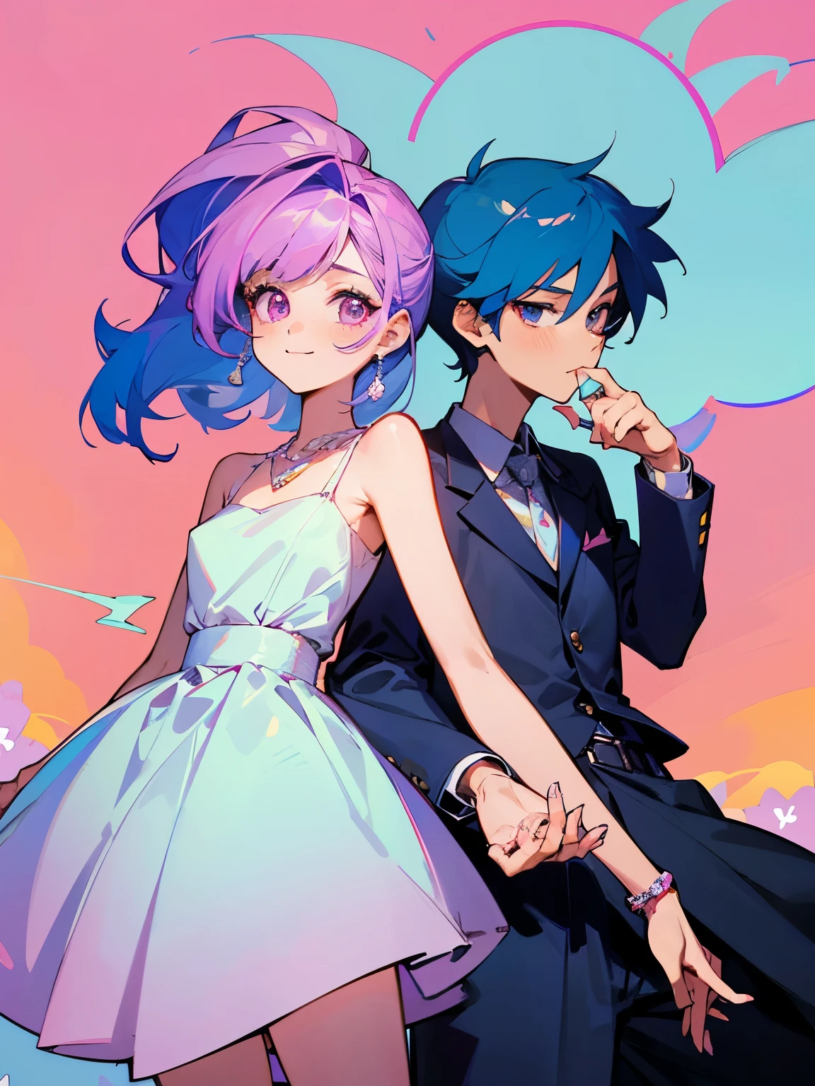 cartoon of a boy and a girl standing close together, ddlc, in the art style of 8 0 s anime, 9 0 s anime style, 90s anime style, in anime style, in an anime style, anime aesthetic, anime vibes, 9 0 s anime aesthetic, 9 0 s anime art style, lofi boy and girl, beautiful background outside, background at night with stars and a moon, fairy lights, beautiful background in a floral garden with fairy lights at night, a cute boy and a cute girl, beautiful faces, a boy and a girl, don't extra hands, NO extra hands, generate a boy and a girl with NO extra hands, NO extra arm, the boy has a short hairstyle and the girl has a long hairstyle, the boy has blue hair, the girl has pink hair, pretty faces, cute pretty boy in a smoking dress, cute pretty girl in a beautiful dress, with amazing smile, boy has a pretty smile, girl has a cute smile