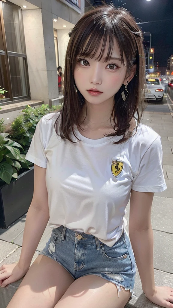 highest quality, masterpiece, Ultra-high resolution, (Genuine: 1.4), Original photo, (Evening City), 1 girl, Iris, Looking at the audience, Long Hair, light makeup, lips, Small ears, White T-shirt, Denim shorts, Earrings, Sit in Ferrari,slim, Neat, garden