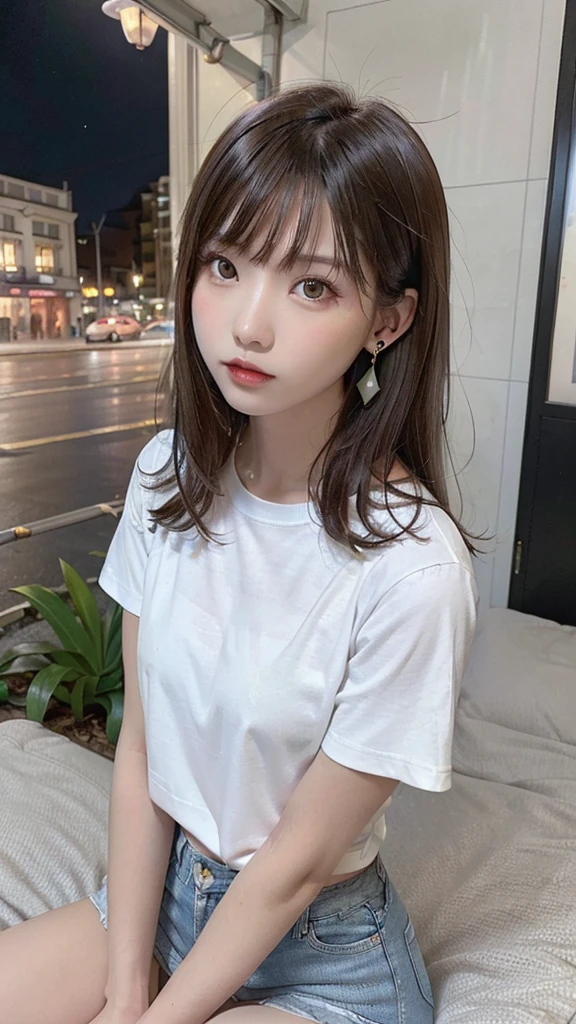 highest quality, masterpiece, Ultra-high resolution, (Genuine: 1.4), Original photo, (Evening City), 1 girl, Iris, Looking at the audience, Long Hair, light makeup, lips, Small ears, White T-shirt, Denim shorts, Earrings, Sit in Ferrari,slim, Neat, garden