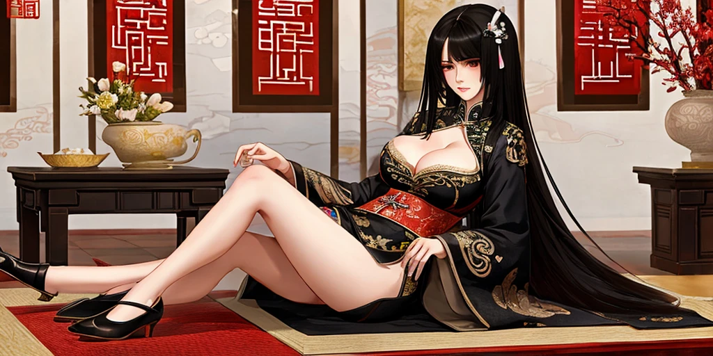 Female with long black straight hair, hairpin, big breasts, cleavage, Tang Dynasty imperial concubine’s dress, flowery shoes, Chinese palace