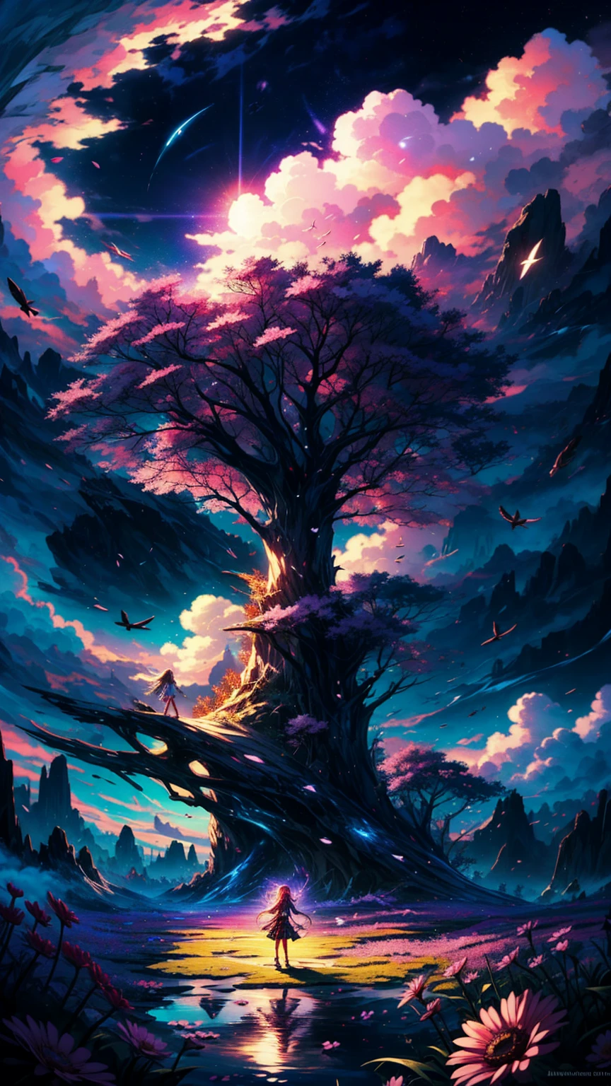 "((fantasy art)) featuring an alien girl, immersed in a heavenly symphony, clouds turn into bright splashes, flowers are scattered, like notes in the wind, visual orchestration of color and wonder"