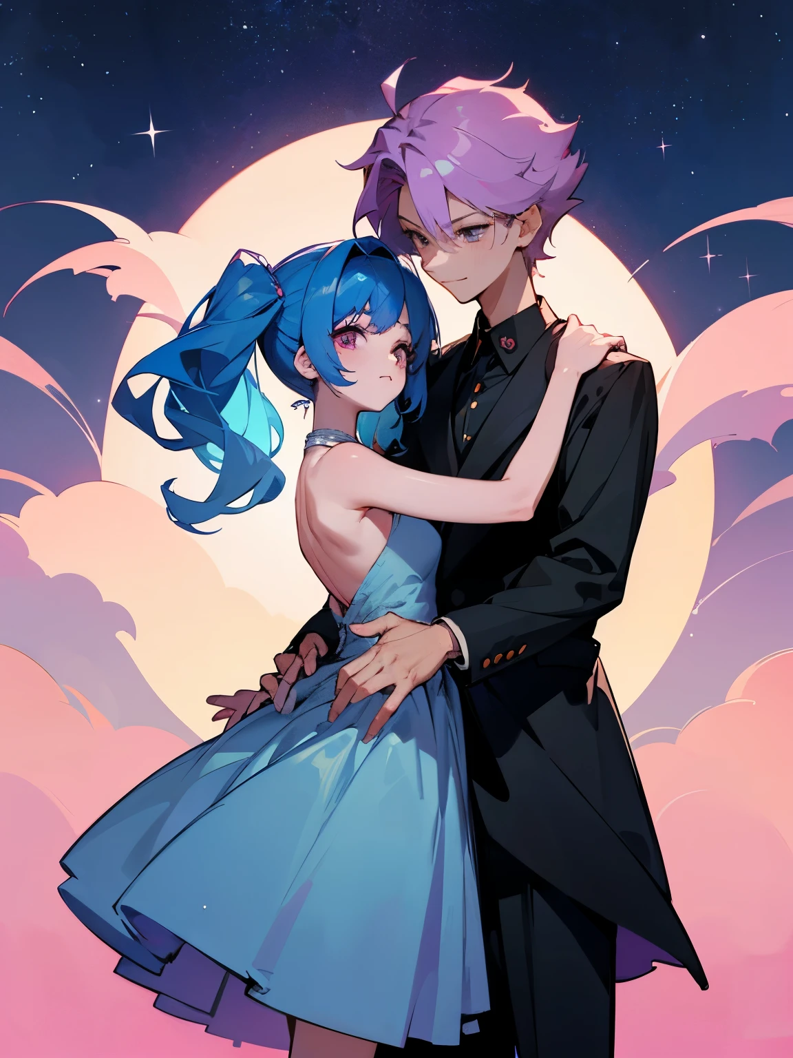 cartoon of a boy and a girl standing close together, ddlc, in the art style of 8 0 s anime, 9 0 s anime style, 90s anime style, in anime style, in an anime style, anime aesthetic, anime vibes, 9 0 s anime aesthetic, 9 0 s anime art style, lofi boy and girl, beautiful background outside, background at night with stars and a moon, fairy lights, beautiful background in a floral garden with fairy lights at night, a cute boy and a cute girl, beautiful faces, a boy and a girl, don't extra hands, NO extra hands, generate a boy and a girl with NO extra hands, NO extra arm, the boy has a short hairstyle and the girl has a long hairstyle, the boy has blue hair, the girl has pink hair, pretty faces, cute pretty boy in a smoking dress, cute pretty girl in a beautiful dress, with amazing smile, boy has a pretty smile, girl has a cute smile