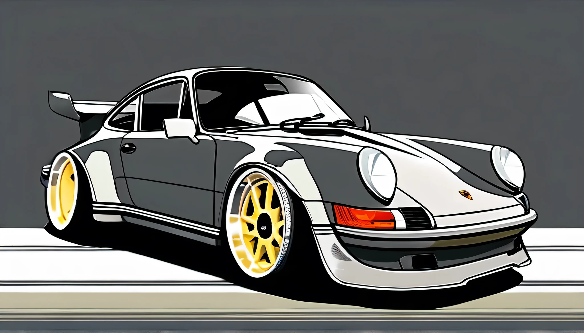 Beige colored Porsche 911 rwb, pop art,  cartoonish style , sketch, detailed illustration, large wheels, wide bodykit, masterpiece, highly detailed ((([ simple dark grey background])))