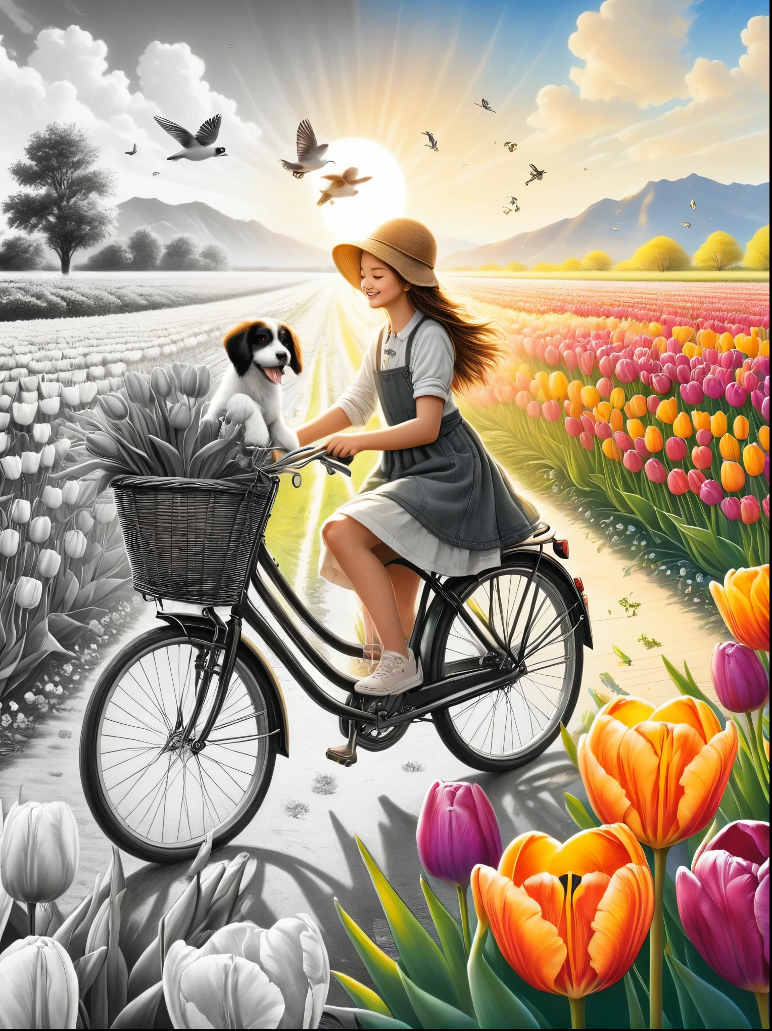 Sea of Flowers，Wind blowing through tulip fields，Spring field scenery，Close up of girl riding bicycle with puppy on sunny day，There are flowers and a puppy in the bamboo basket in front of the car，Tulips in the foreground are clear，The artwork should transition from a pencil drawing style in black and white on the left half to vibrant colors on the right half. Ensure a seamless integration between the two halves without any dividing line. The scene is identical on both sides, with the left side featuring detailed black and white pencil strokes and the right side filled with colors, creating a harmonious blend across the image.