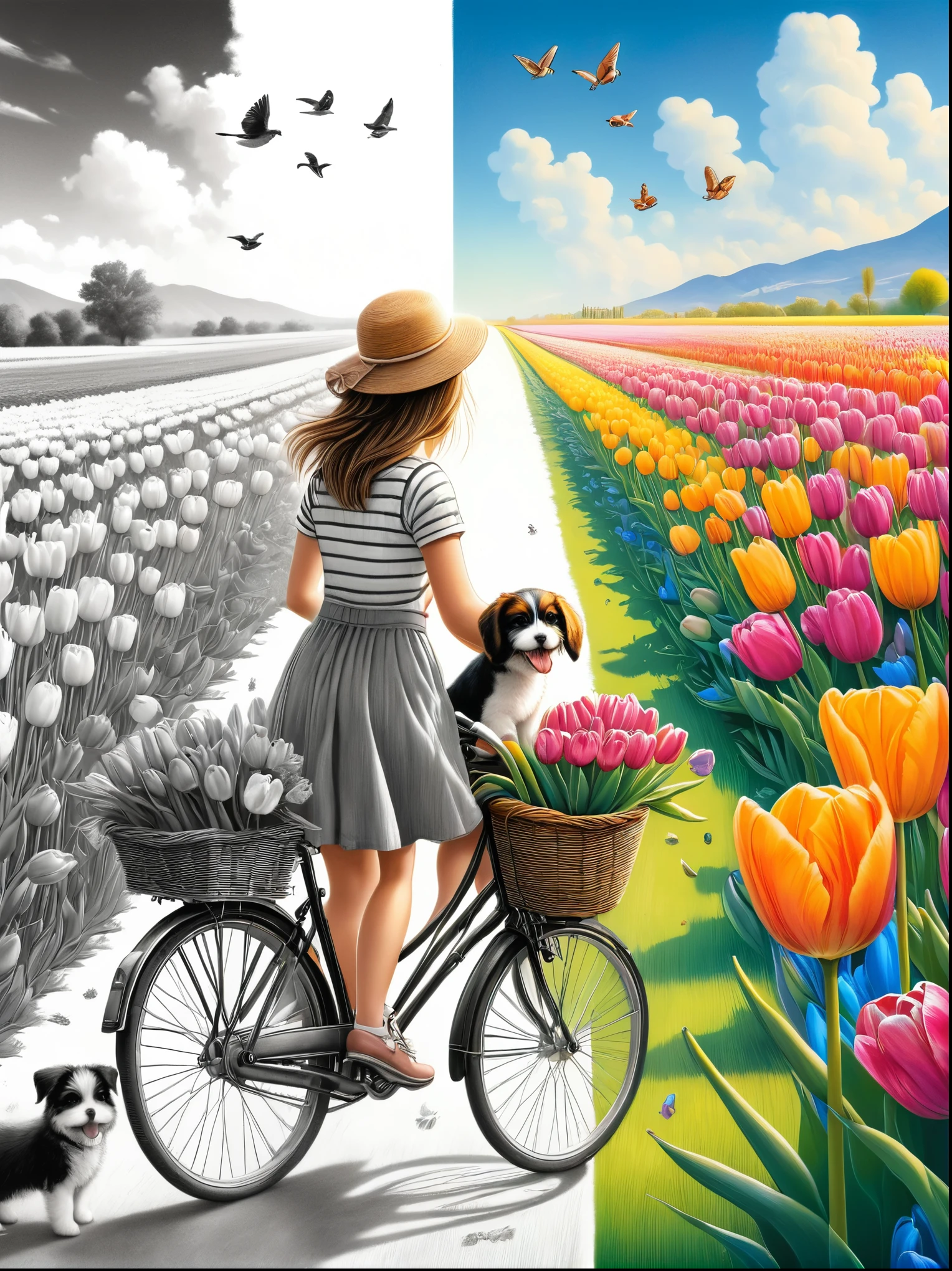 Sea of Flowers，Wind blowing through tulip fields，Spring field scenery，Close up of girl riding bicycle with puppy on sunny day，There are flowers and a puppy in the bamboo basket in front of the car，Tulips in the foreground are clear，The artwork should transition from a pencil drawing style in black and white on the left half to vibrant colors on the right half. Ensure a seamless integration between the two halves without any dividing line. The scene is identical on both sides, with the left side featuring detailed black and white pencil strokes and the right side filled with colors, creating a harmonious blend across the image.