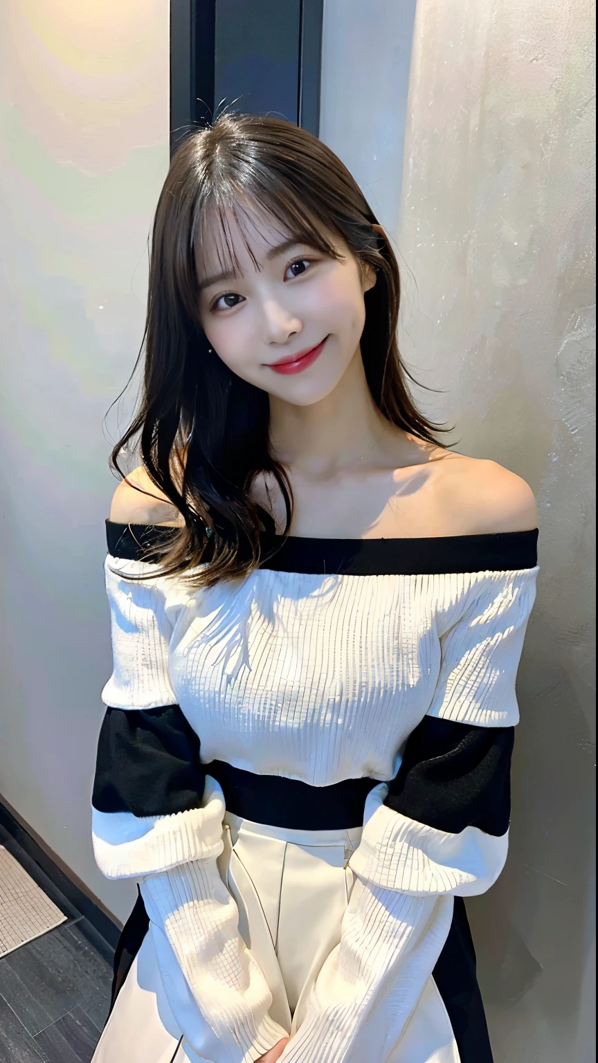 (highest quality、32k、masterpiece、Ticker:1.2)、One woman、((Beautiful Japanese Women))、(Beautiful girl)、Narrow waist、Off-the-shoulder white knit、Black tight skirt、Room with morning sun、(Cute pose:1.2)、(smile:1.5)、(Smile at someone you like:1.5)