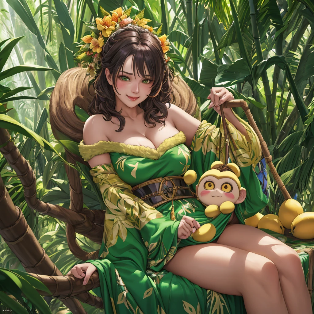 (Milana Aleksandrovna Vayntrub, age 25) in a sexy little monkey costume,flirting with the viewer,fake jungle,golden light streaming through the trees, vibrant green leaves blowing in the breeze,bamboo shoots, exotic flowers blooming, playful monkey swinging on a branch in the background, glossy fur on the monkey costume and realistic banana, detailed facial expressions depicting a mischievous smile and seductive eyes, high-res illustration style, vivid colors accentuating the jungle environment, soft warm color tones, studio lighting showcasing the subject's beauty, ultra-detailed rendering capturing every detail of the costume and surroundings, bokeh effect subtly blurring the background, photorealistic quality emphasizing the realism of the scene.
