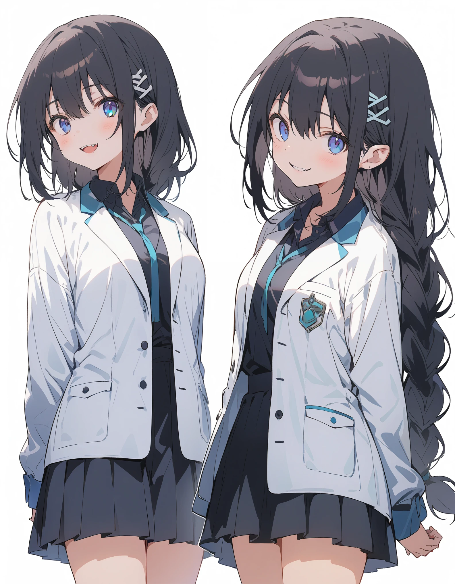 White background、Solid white background、Blank background、Solo,just standing girl, One Girl、Ultra-high resolution, highest quality,fish-bone braid hair、Fishbone Hair、black hair、Full body shot,arms behind back、Put your hands behind your back、Hide your hands、busty、beautiful detailed eyes、Black hair × Blue eyes、blue eyes、Open your mouth without showing your teeth、Smile with mouth wide open、 Black long sleeve blazer,Black pleated skirt、Knee-high socks、