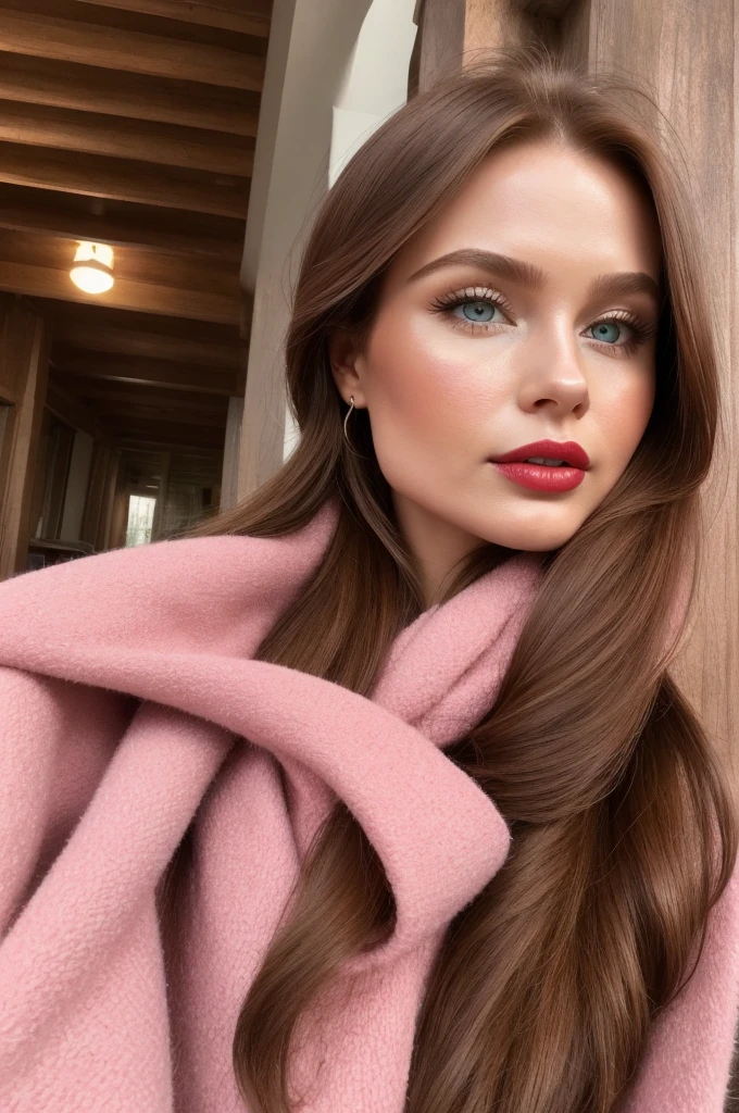 Photorealistic, best quality, hyper detailed, selfie photo, upper body. Gorgeous, pretty, warm-hearted, kind-hearted, good-hearted, stunning, cheerful, sweet, polite, sensitive, sensible, shiny, charming, alluring, dreamy, graceful, classy, stylish, flowing extra long ginger haired russian woman with the cutest face, fair porcelain skin, soft make-up, red lipstick, she is wearing a leather jacket, skinny trousers, riding boots and pink scarf. She's at bookfair.