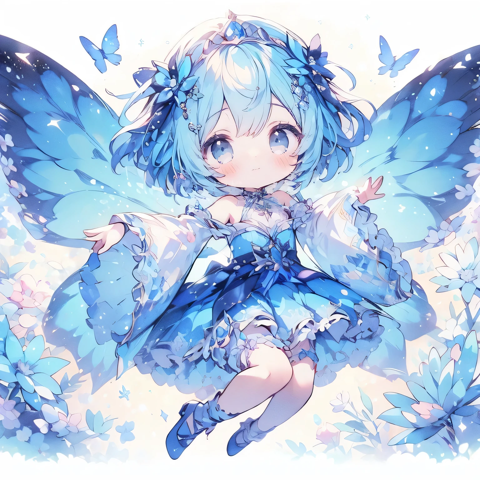 (Exquisite, beautiful, Very detailed, masterpiece, High resolution,high quality,High resolution),(Well-formed face,Soft and thin lines: 1.2, beautiful, Delicate and vivid illustrations with a mature and clear feel), Watercolor art style,The beautiful translucent lapis lazuli with butterfly-like wings is a little fairy princess flying in the sky with a smile in a lapis lazuli cave.,Lapis Lazuli Gemstones,(Transparent fairy wings grow from your back), (Dazzling Smile), (Lapis lazuli tiara, earrings and choker), Beautiful blue ball gown dress with lapis lazuli motif,Ribbons, lace and frills, (Pale pink blush, Plump pink lips,Large Bust,Fair skin, Good style),Bright colors,Eye-catching colors,Dynamic Angles,Dream Cute