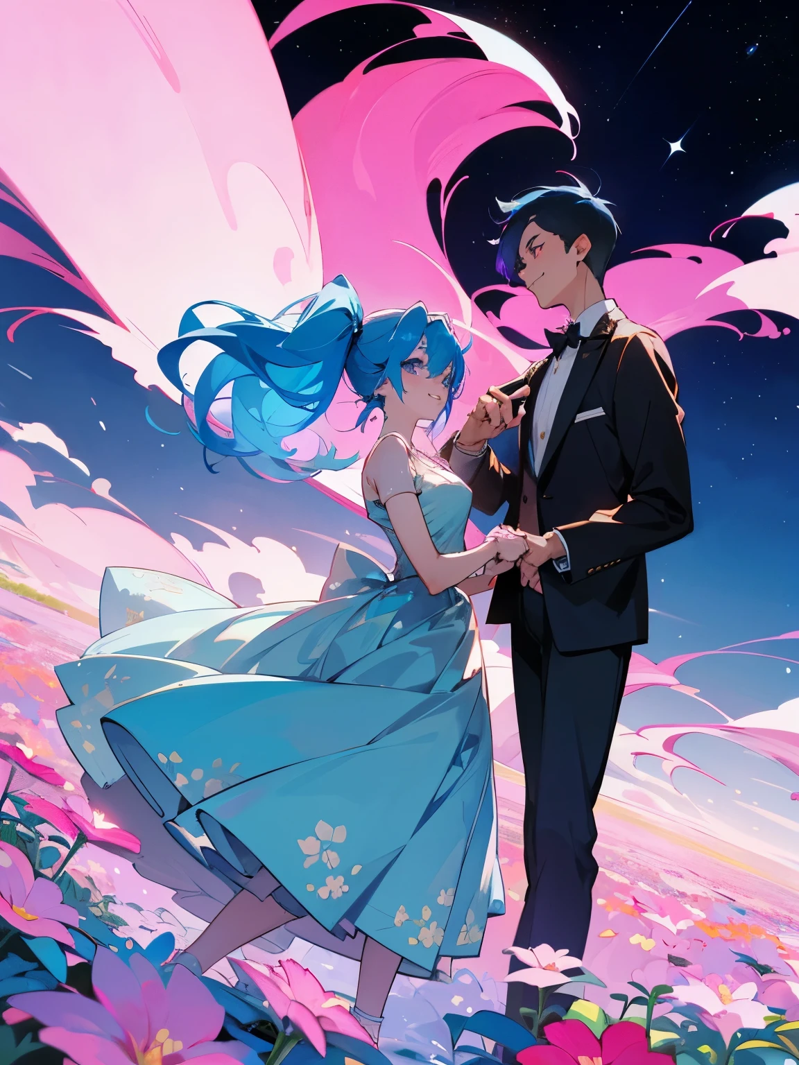 cartoon of a boy and a girl standing close together, ddlc, in the art style of 8 0 s anime, 9 0 s anime style, 90s anime style, in anime style, in an anime style, anime aesthetic, anime vibes, 9 0 s anime aesthetic, 9 0 s anime art style, lofi boy and girl, beautiful background outside, background at night with stars and a moon, fairy lights, beautiful background in a floral garden with fairy lights at night, a cute boy and a cute girl, beautiful faces, a boy and a girl, don't extra hands, NO extra hands, generate a boy and a girl with NO extra hands, NO extra arm, the boy has a short hairstyle and the girl has a long hairstyle, the boy has blue hair, the girl has pink hair, pretty faces, cute pretty boy in a smoking dress, cute pretty girl in a beautiful dress, with amazing smile, boy has a pretty smile, girl has a cute smile 