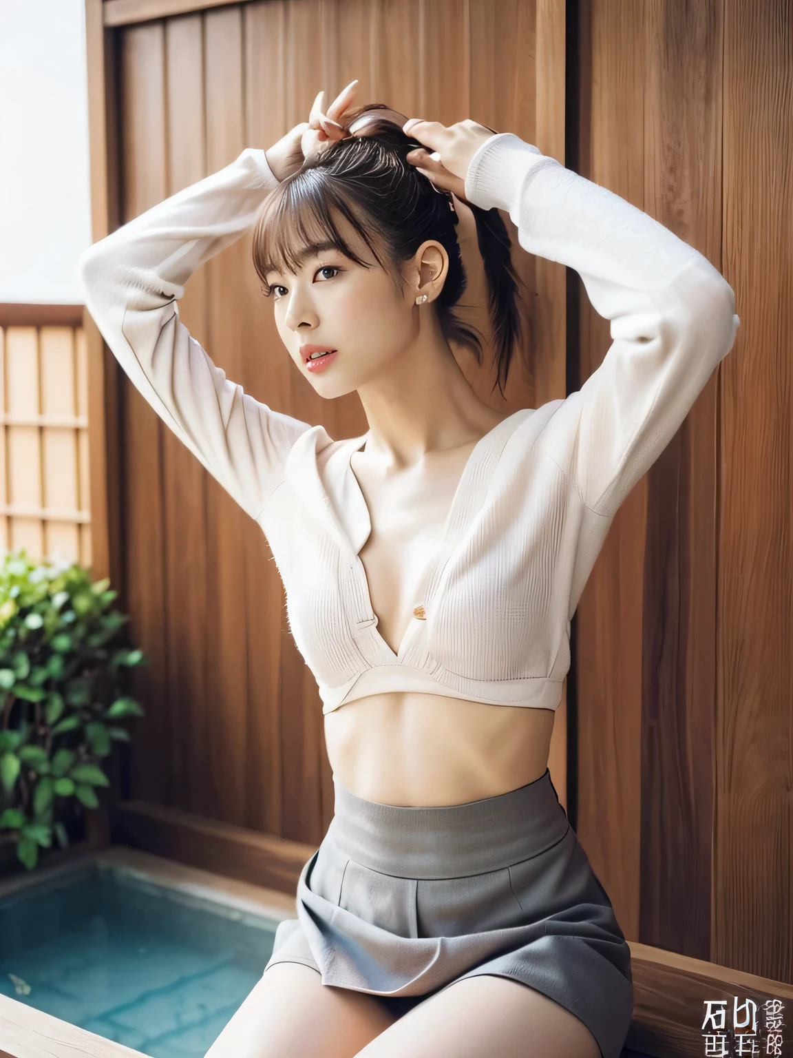 ((whole body from thighs:1.5)),
((highest quality, 8k, masterpiece: 1.3)), Perfect body beauty: 1.4, Slim Abs: 1.2, Beautiful Woman With Slim Abs:1.3, (Highlight Haircut, Breast A cup:1.2), Small breasts, Round shaped breasts, Perfectly shaped breasts, Highly detailed face, Beautiful woman, (Dark brown shortcuts), Slim face, Highly detailed face and skin texture, Highly detailed lips, Spread your legs, highest quality, masterpiece, 超A high resolution, (Realistic:1.4), Open your arms, Length shot , (Outdoor), The sun sets,
((32 years old, Beautiful female announcer)),
((Tight white long sleeve t-shirt, No bra, shoulder, The chest is wide open:1.5)),
((Short flared skirt in navy blue, Too much exposed skin, long legs are visible:1.2)),
((Gorgeous Earrings, Silver Necklace)),
((High-class Japanese-style ryokan, Hinoki open-air bath, Lamp light, Japanese garden :1.5)),
((Take off your clothes in the changing room, I can see your beautiful thighs:1.5)),
((Sexy atmosphere, Gaze seducing a man, hold out your lips, A sigh escapes:1.2)),
((Touching the crack of one's crotch with one's fingers, Focus on the crotch:1.2)),
((Lift your face a little)),
((Squint your eyes)),
((purse your lips:1.2)),
((Blushing:1.2)),
((Open your mouth a little to show your white teeth, stick out your tongue a little)),
((Body facing forward)),
((The cleavage is fluffy, Beautiful breasts)),
Narrow shoulders, Beautiful clavicle, Long, slender legs,
The Beauty of Slim Abs, Thin waist,
Ultra-detailed skin, Fair skin, Glossy Skin, Ultra detailed face,
Ultra-detailed eyes, Slit eyes, Brown eyes, double eyelid, Beautiful thin eyebrows, Thin, long eyelashes,
Ultra-detailed lips, Fuller lips, Glossy pink lips, Flushed Cheeks, White teeth,
Beautiful actress's languid make-up, Pink lipstick, Smoky eyeshadow, Eye foundation,
Dark brown hair, Delicate and soft hair, Hair blowing in the wind,
(Elegantly putting your hair up, short hair, ponytail:1.5), Layered Cut, (Blunt bangs:1.2),
Cute Smile, mouth half open, Dreamy look, ((Gazing at the audience)),
(((Photorealism,Shooting whole body from thighs:1.2))), ((Sideways body)),
Dynamic Lighting,