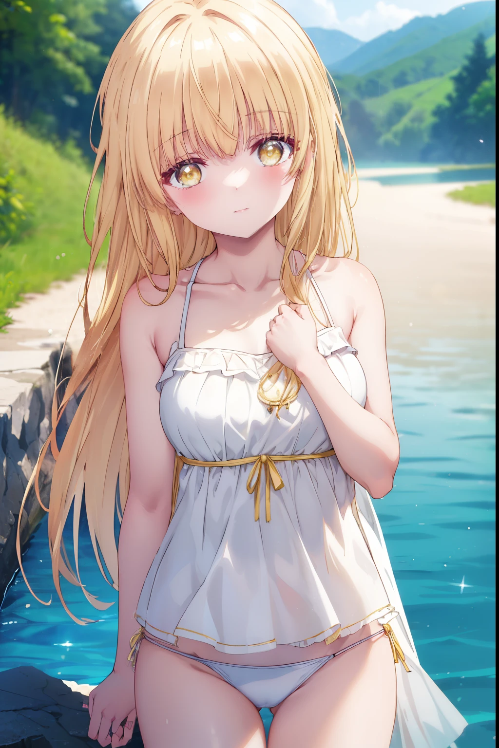 mahirushiina, Mahiru shiina, , blonde, (Yellow Eyes:1.3)Straight Long Hair,,blush,smile,Bare neck,bare clavicle,Expose your shoulders,At sea、Wearing a sexy bikini,:Carry 1 on your shoulders,Daytime、Arms raised to show armpits,See viewers in swimsuits,Delete from top,whole body, (Cowboy Shot:1.5),
break (masterpiece:1.2), highest quality, High resolution, unity 8k wallpaper, (shape:0.8), (Beautiful and beautiful eyes:1.6), Highly detailed face, Perfect lighting, Extremely detailed CG, (Perfect hands, Perfect Anatomy),