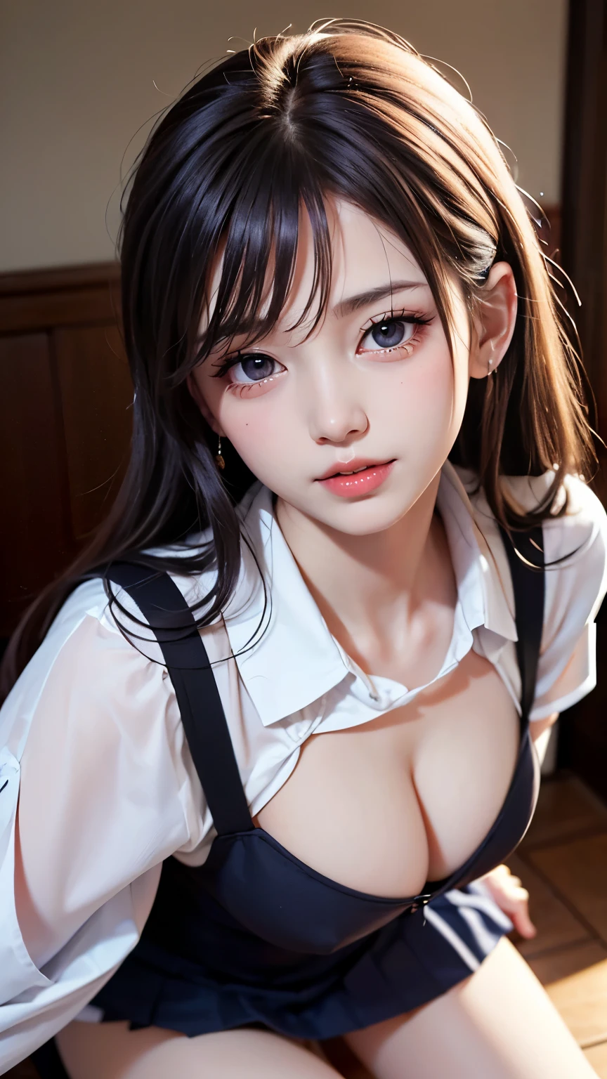 Black Hair, (Long Hair), 灰colorの目, (Glowing Eyes), (White thighs: 1.2), Orgasm Face, lure, , Captivating look, Charm, red面, shy,Sick of it, (Mediate), Poor play, Watching someone, ah、Hello face, comfortable, Big Breasts、Sexual convulsions, White skin, red, バラcolorの顔, Sweat, Wet body, color, alone, Falling to the ground and crying , Duck sitting, Frustration, loneliness, caress, Sexual pleasure, Enduring joy, Elk Off, Charmな表情, (Detailed description of Falling to the ground and crying school uniform), (Duck sitting Detailed description front), Detailed description, bust (masterpiece), (close), (highest quality), Very detailed, Exquisite, beautiful, (close), (close), ( beautiful girl), (collar, collar), (Fine pink areola nails: , (Delicate depiction of skin), (voluminous skin: 1.4), Highest quality CG 8K wallpapers, Realistic, Master Level, masterpiece, Portraiture, center, Display Lens, beautiful中国と韓国の混血アイドル, (顔と顔の細部までVery detailedに描写), (red面), Lip biting makeup, Cute smile, Perfect Face, red eyes, Blind Band + Hair above one eye, (Ruby Nail). Fat_ Mons, Camel Toe,