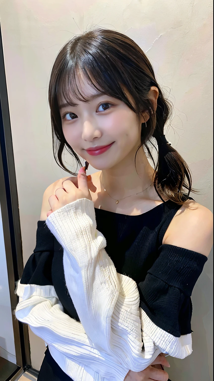 (highest quality、32k、masterpiece、Ticker:1.2)、One woman、((Beautiful Japanese Women))、(Beautiful girl)、Narrow waist、Off-the-shoulder white knit、Black tight skirt、Room with morning sun、(Cute pose:1.2)、(smile:1.5)、(Smile at someone you like:1.5)
