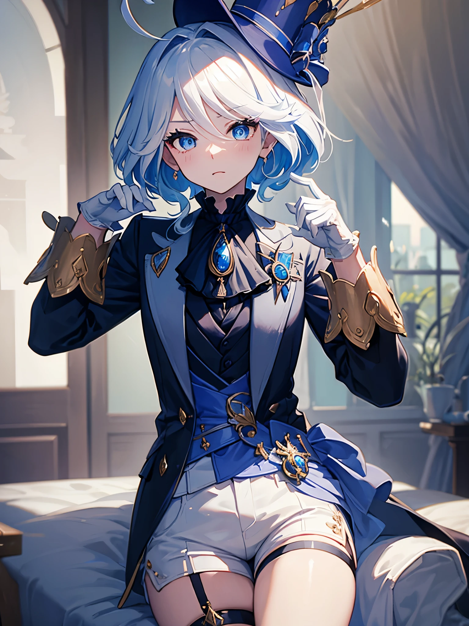 (masterpiece), best quality, expressive eyes, perfect face, ahoge, furinarnd, , thigh strap, white shorts, white gloves, black gloves, long sleeves, brooch, ascot, jacket, top hat, blue headwear, furinadef