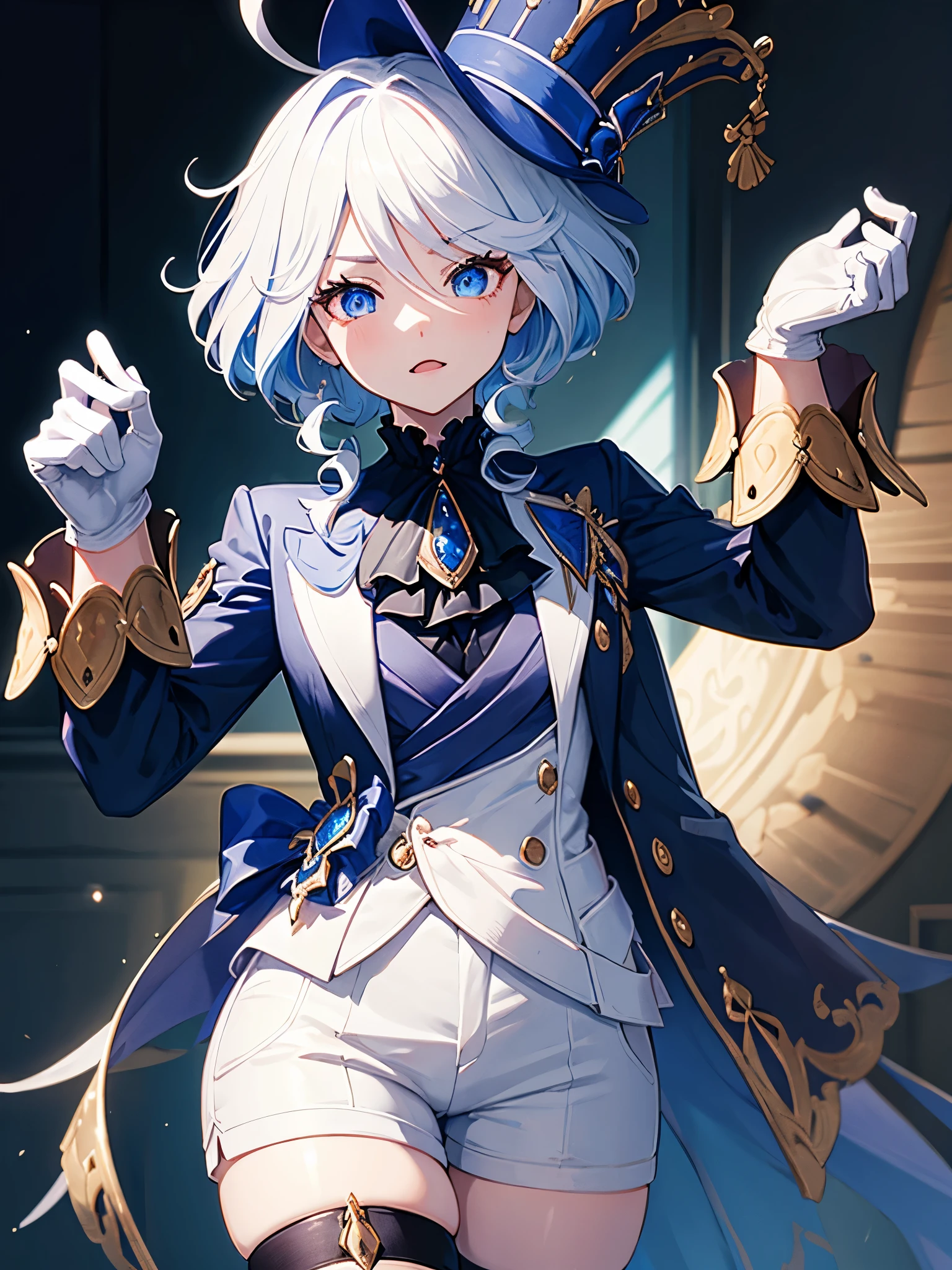 (masterpiece), best quality, expressive eyes, perfect face, ahoge, furinarnd, , thigh strap, white shorts, white gloves, black gloves, long sleeves, brooch, ascot, jacket, top hat, blue headwear, furinadef