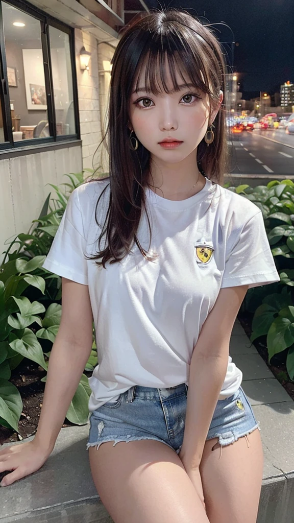 highest quality, masterpiece, Ultra-high resolution, (Genuine: 1.4), Original photo, (Evening City), 1 girl, Iris, Looking at the audience, Long Hair, light makeup, lips, Small ears, White T-shirt, Denim shorts, Earrings, Sit in Ferrari,slim, Neat, garden