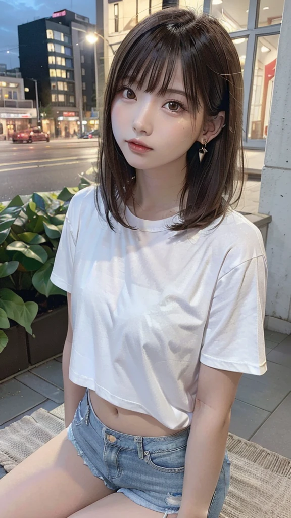 highest quality, masterpiece, Ultra-high resolution, (Genuine: 1.4), Original photo, (Evening City), 1 girl, Iris, Looking at the audience, Long Hair, light makeup, lips, Small ears, White T-shirt, Denim shorts, Earrings, Sit in Ferrari,slim, Neat, garden