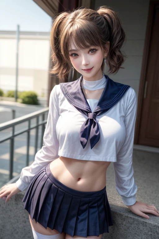 kujikawadef,twintails,,white serafuku , sailor collar,long sleeves,skirt below the navel, thighhighs,jewelry,earrings,standing,
best quality, highly detailed, masterpiece, absurdres,8k, photorealistic, realistic,detailed skin texture,detailed pupils,HDR,natural lighting,
1girl,solo,(happy:1.1),(smile:1.2),shorthair,brown hair,(angular face:1.2),shiny face,large breasts, narrow waist, lip makeup,