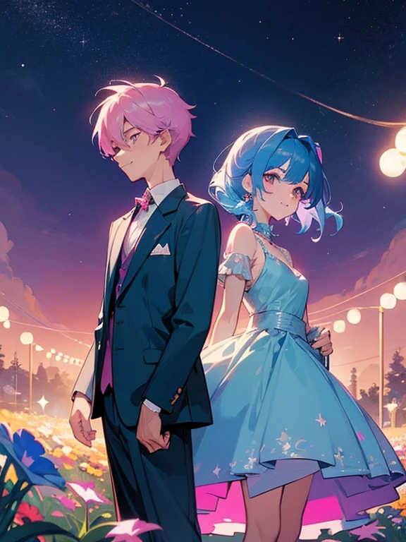 cartoon of a boy and a girl standing close together, ddlc, in the art style of 8 0 s anime, 9 0 s anime style, 90s anime style, in anime style, in an anime style, anime aesthetic, anime vibes, 9 0 s anime aesthetic, 9 0 s anime art style, lofi boy and girl, beautiful background outside, background at night with stars and a moon, fairy lights, beautiful background in a floral garden with fairy lights at night, a cute boy and a cute girl, beautiful faces, a boy and a girl, don't extra hands, NO extra hands, generate a boy and a girl with NO extra hands, NO extra arm, the boy has a short hairstyle and the girl has a long hairstyle, the boy has blue hair, the girl has pink hair, pretty faces, cute pretty boy in a smoking dress, cute pretty girl in a beautiful dress, with amazing smile, boy has a pretty smile, girl has a cute smile