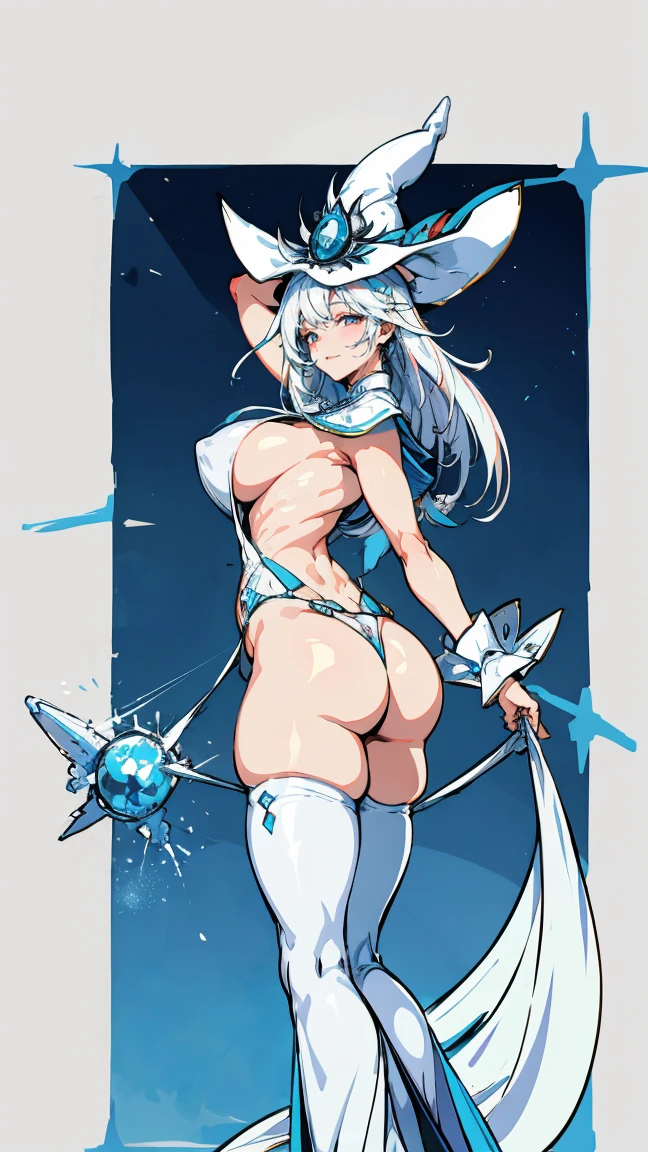 Silent magician, ropa apretada, from behind,Whale Tail, panties, thong,poca piel visible, ((  ruborizada, sonrisa, oiled skin)),  pelo largo, cabello blanco, (( white hair)), sombrero blanco, Skinny body, chubby girl, big sagging breast , monstruo de duelo, Iparuputsua, de pie en la entrada de un castillo, magic world background, mundo medieval .