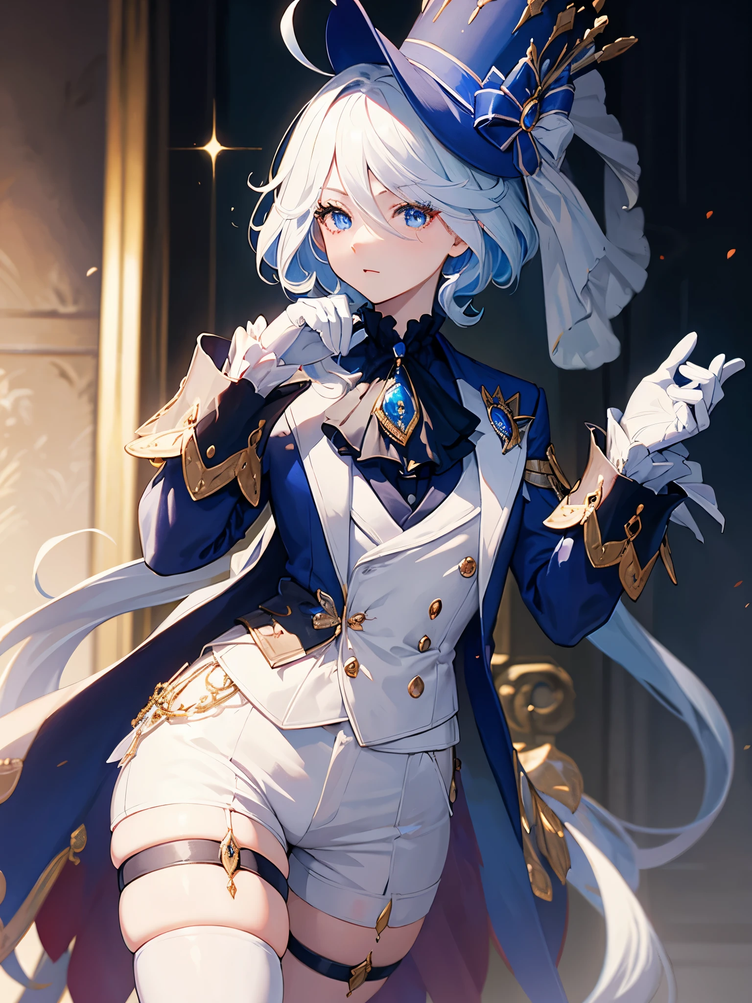 (masterpiece), best quality, expressive eyes, perfect face, ahoge, furinarnd, , thigh strap, white shorts, white gloves, black gloves, long sleeves, brooch, ascot, jacket, top hat, blue headwear, furinadef