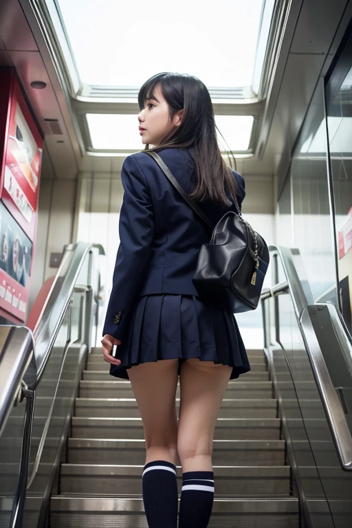 ((highest quality)), ((masterpiece)), (Familiar), A high school girl riding an escalator on her way to school、Glare、Navy Blazer、mini skirt、Navy blue socks、Back view、Secret photos、(View from directly below)、Navy blue socksのクローズアップ、mangaコマ割り、Manga style、manga、Station Escalator、Everybody line up on the left、顔のみのコマとBack viewのコマ