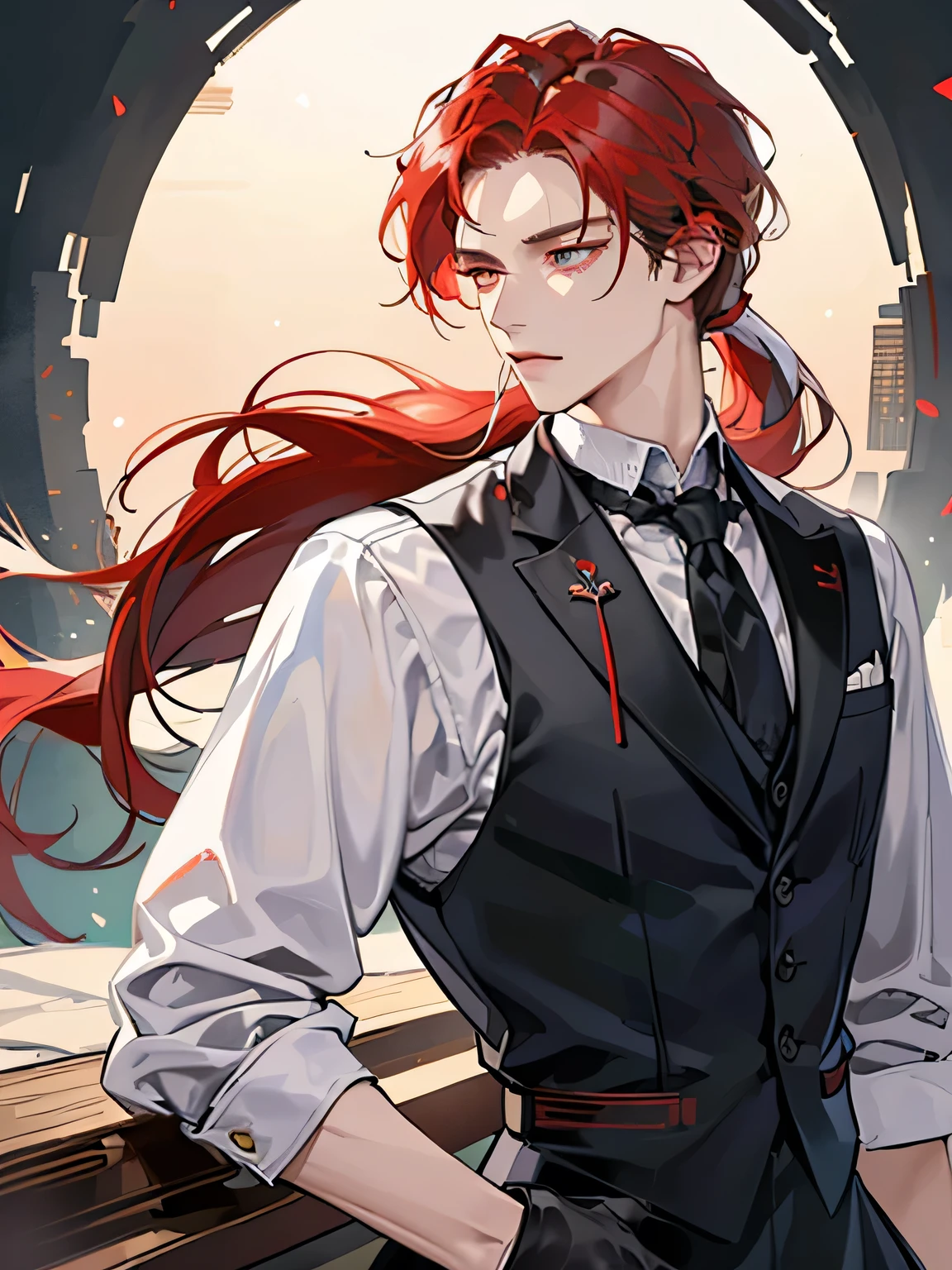 (best quality,HD:1.2), ultra-detailed, realistic:1.37, male above 40, tall, big, mature, long high pony tail red hair with white highlights, long sharp face, sharp eyes, dark black vest, low exposure, solo, natural expression, different unique posture, no hand