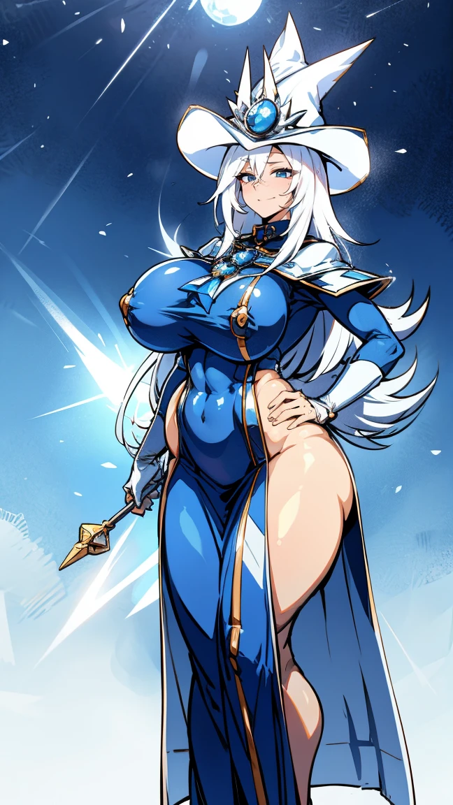 Silent magician, ropa apretada, poca piel visible, (( ruborizada, sonrisa, oiled skin)), pelo largo, cabello blanco, (( white hair)), sombrero blanco, Curvy body, chubby girl, big sagging breast , monstruo de duelo, Iparuputsua, de pie en la entrada de un castillo, magic world background, mundo medieval .