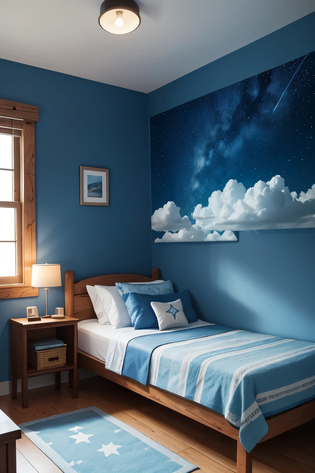 small cabin room,blue walls,clouds o the walls,stars on the blanket,magical