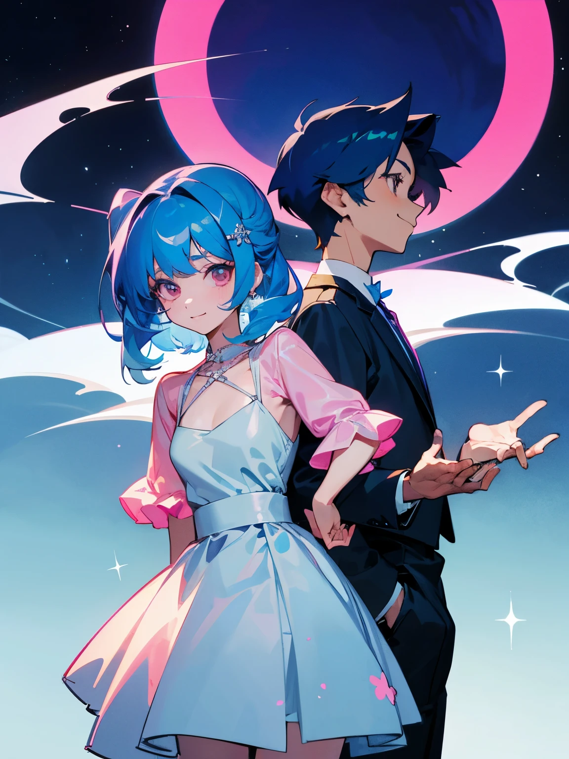 cartoon of a boy and a girl standing close together, ddlc, in the art style of 8 0 s anime, 9 0 s anime style, 90s anime style, in anime style, in an anime style, anime aesthetic, anime vibes, 9 0 s anime aesthetic, 9 0 s anime art style, lofi boy and girl, beautiful background outside, background at night with stars and a moon, fairy lights, beautiful background in a floral garden with fairy lights at night, a cute boy and a cute girl, beautiful faces, a boy and a girl, don't extra hands, NO extra hands, generate a boy and a girl with NO extra hands, NO extra arm, the boy has a short hairstyle and the girl has a long hairstyle, the boy has blue hair, the girl has pink hair, pretty faces, cute pretty boy in a smoking dress, cute pretty girl in a beautiful dress, with amazing smile, boy has a pretty smile, girl has a cute smile