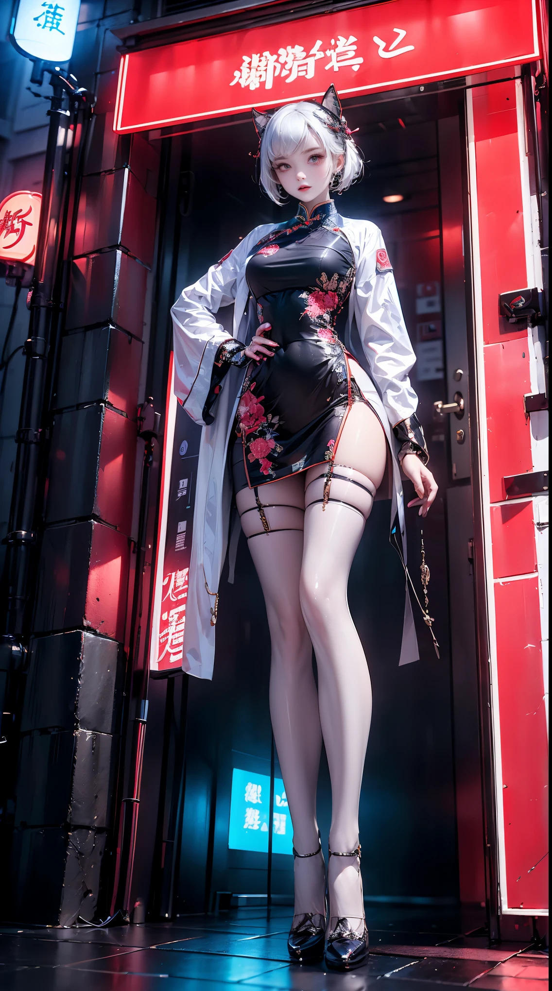 masterpiece,best quality,high resolution, 1 girl,From below,(The legs are very thin and straight)，,(Very long legs，Straight Legs),,High heel,Long Law,Stand up, From the front，Very long legs, Perfect body,Have perfect legs,(appearance)，Full Body Love，Cyberpunk characters，dynamic poses，1 girl，Exquisite eyes，Brown eyes，Eyeshadow，make up，White hair， Detailed face， Delicate eyes， Looking at the audience， Blush\（make up\）， Full lips， Red lips，（White hair：1.3）， （Stand up）Mechanical static，Mechanical Summoning，(Hair accessories:1.1)，Headgear，Chinese clothing，On cheongsam，(black，Stocking straps)，Network Hanfu，White Coat，City，Luminous winding，Glowing Butterfly，Cyberpunk Lights:1.1)，Neon，Full of mechanical and futuristic elements，technology，背景是中国传统street，Chinatown， street， sky sky， Cyberpunk characters， paper lantern， Neon Super Resolution，（Reality：1.3），1（Slim：1.2），Dramatic Lighting，Vivid details，Luxury Cyberpunk，complex background，Octane Rendering