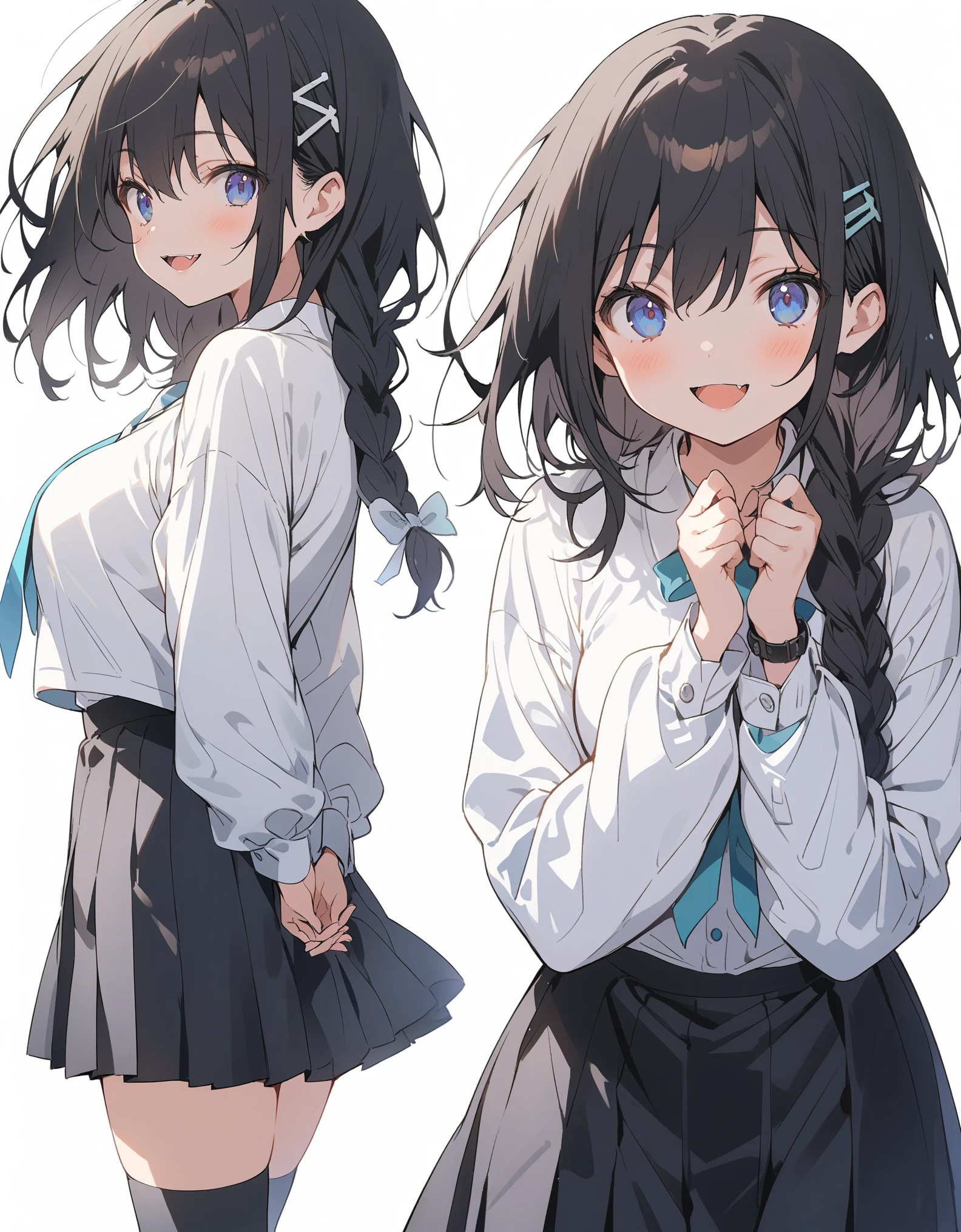 White background、Solid white background、Blank background、Solo,just standing girl, One Girl、Ultra-high resolution, highest quality,fish-bone braid hair、Fishbone Hair、black hair、Photographing the upper body,arms behind back、Put your hands behind your back、Hide your hands、busty、beautiful detailed eyes、Black hair × Blue eyes、blue eyes、Open your mouth without showing your teeth、Smile with mouth wide open、 Black long sleeve blazer,Black pleated skirt、Knee-high socks、