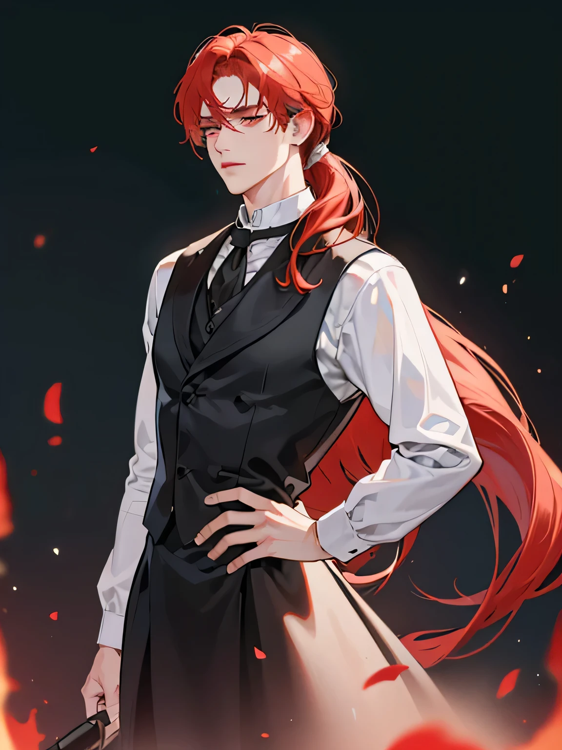 (best quality,HD:1.2), ultra-detailed, realistic:1.37, male above 40, tall, big, mature, long high pony tail red hair with white highlights, long sharp face, sharp eyes, dark black vest, low exposure, solo, natural expression, different unique posture, hide hand