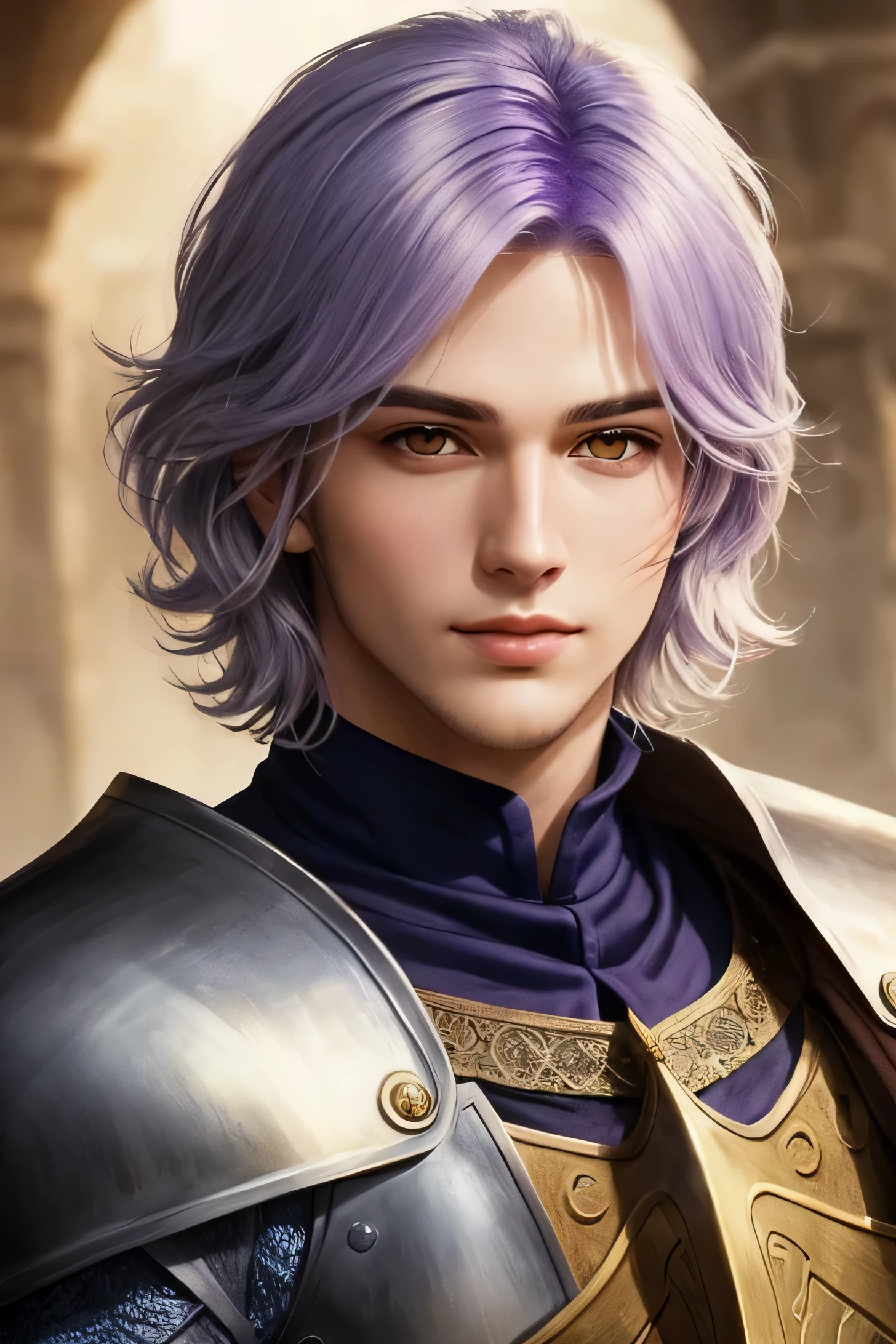 perfect face handsome Knight with a lavender hair colour ,short hair and bright golden eyes like sunshine in fantasy style looking majestic 