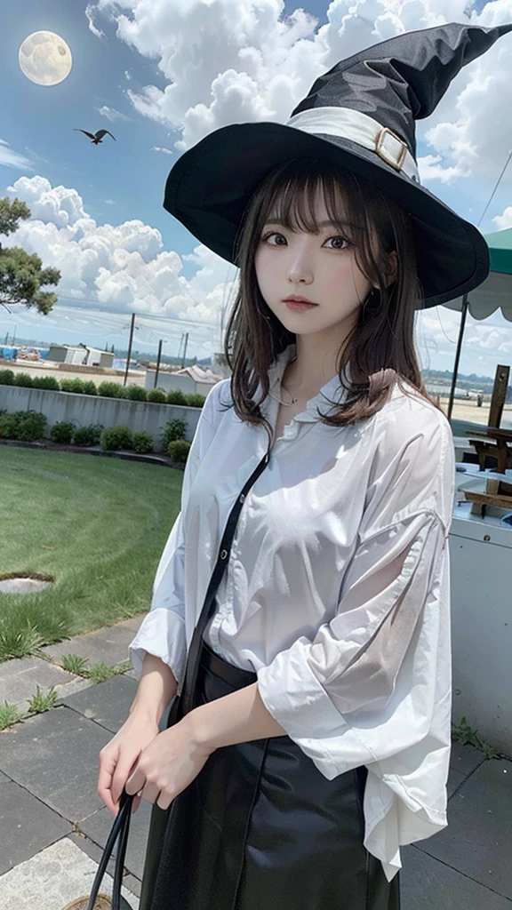highest quality, Very detailed, masterpiece, Very detailed, cloud, witch_Have, Have, One girl, null, green_null,Day, length_hair, cloudy_null, moon,bird, alone, Silver_hair, witch, Outdoor 