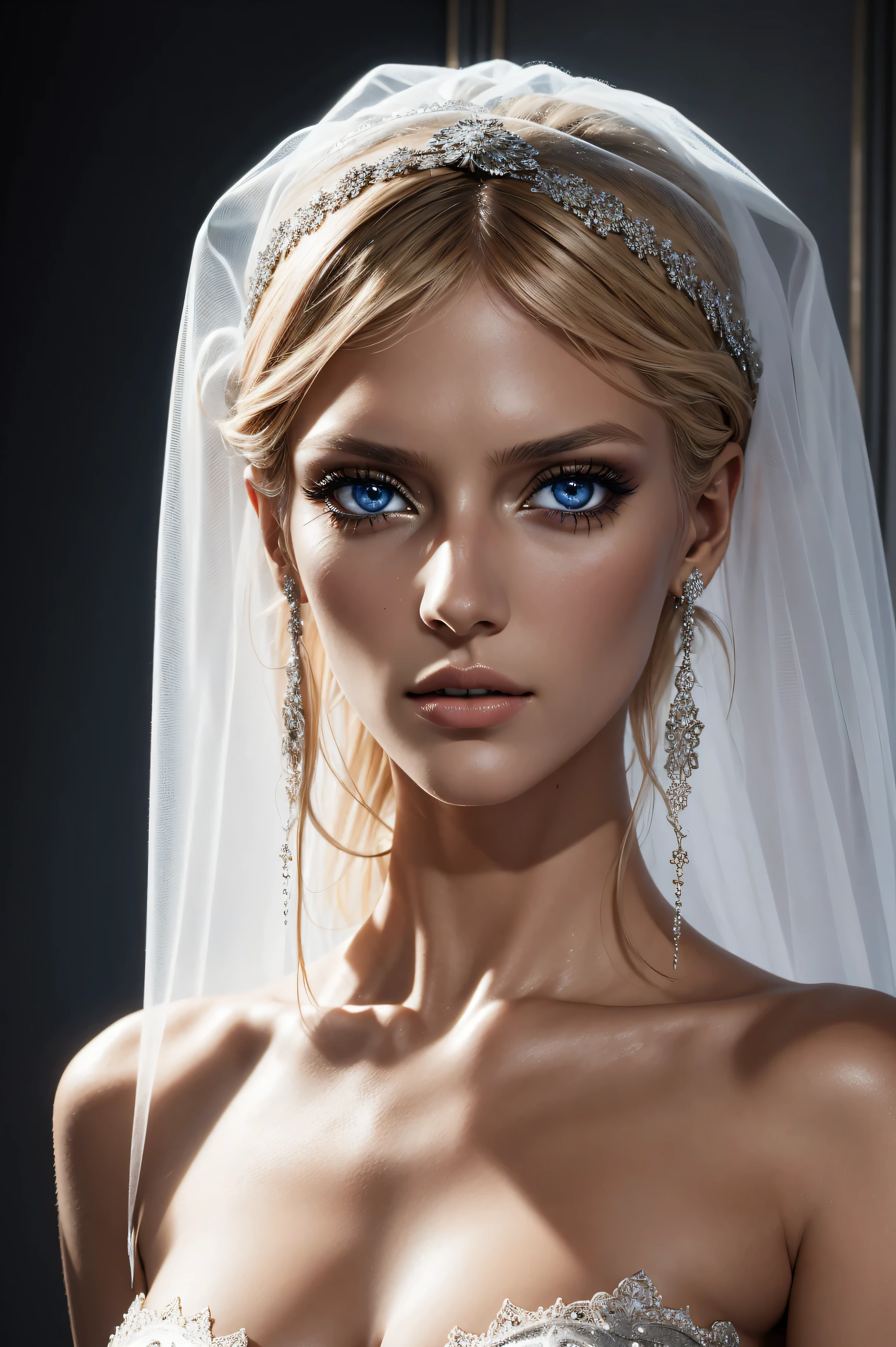 Anja Rubik, wearing veil bride costume transparent. professionally retouched, soft lighting, realistic, smooth face, perfect eyes, sharp focus on eyes, 8 k, high definition, insanely detailed, intricate, elegant. against the background of the catwalk.