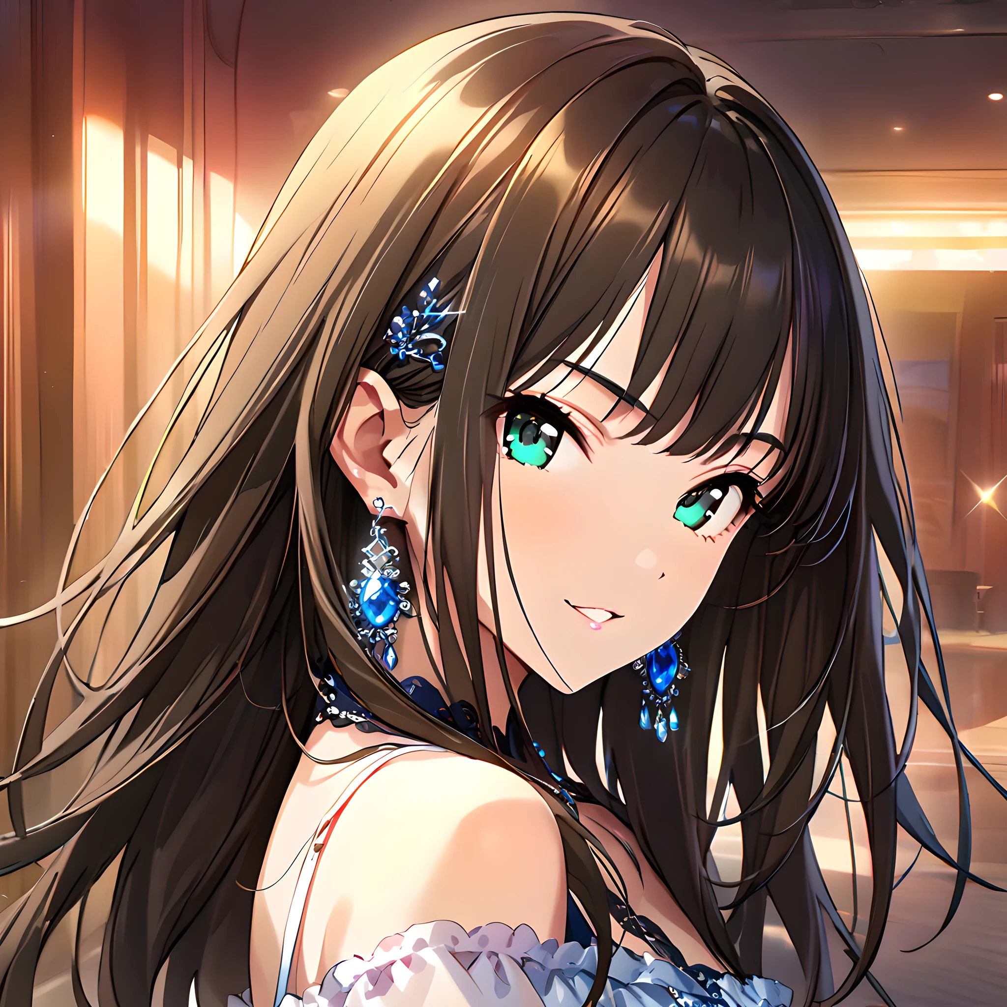 (masterpiece),(best quality),(ultra-detailed),(best illustration),(best shadow),(absurdres),(detailed background),(very aesthetic),  rin shibuya, 1girl, solo, brown hair, jewelry, long hair, earrings, looking at viewer, green eyes, parted lips, hair ornament, portrait, seductive smile, 